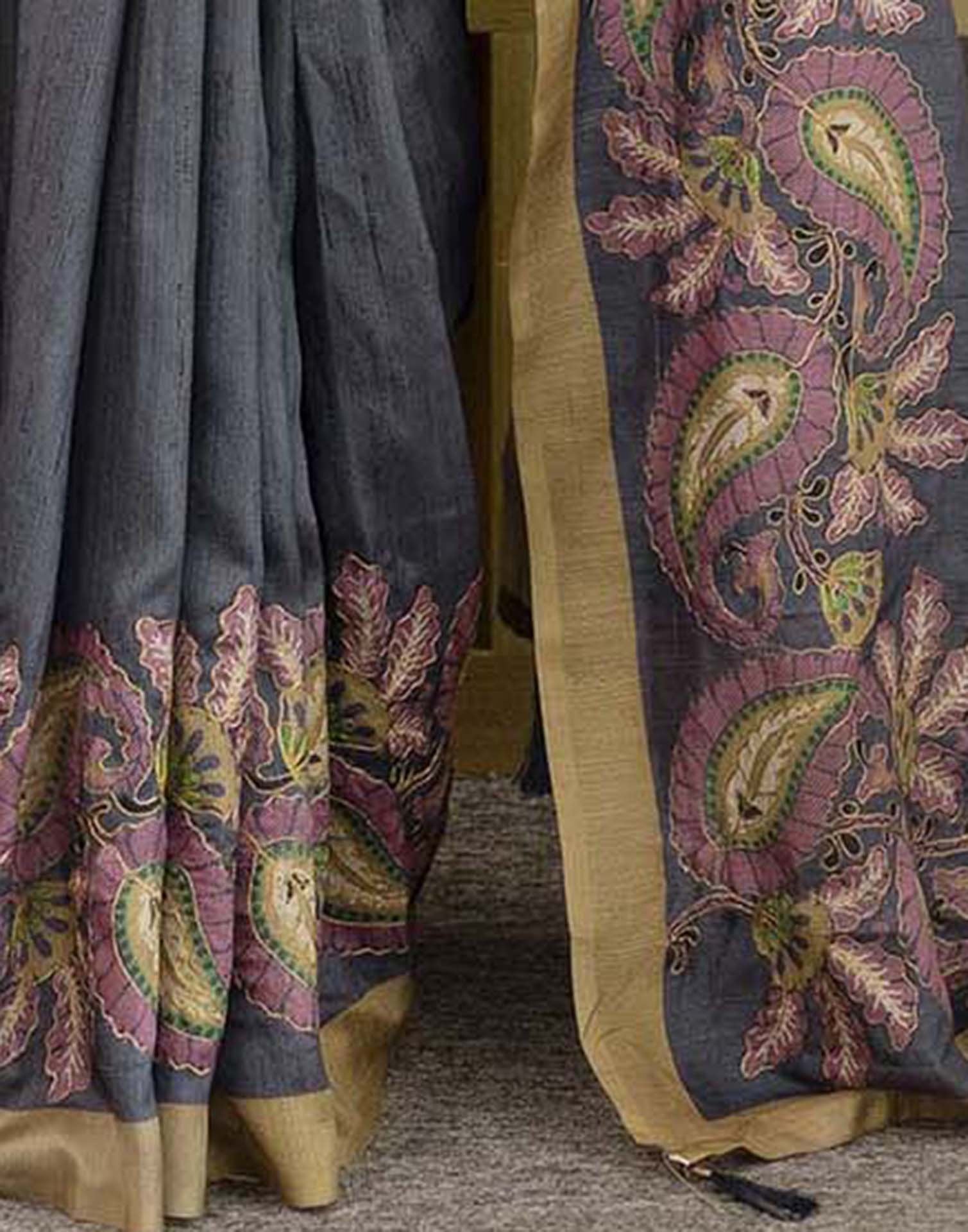 Dark Grey Tussar Silk Printed Saree