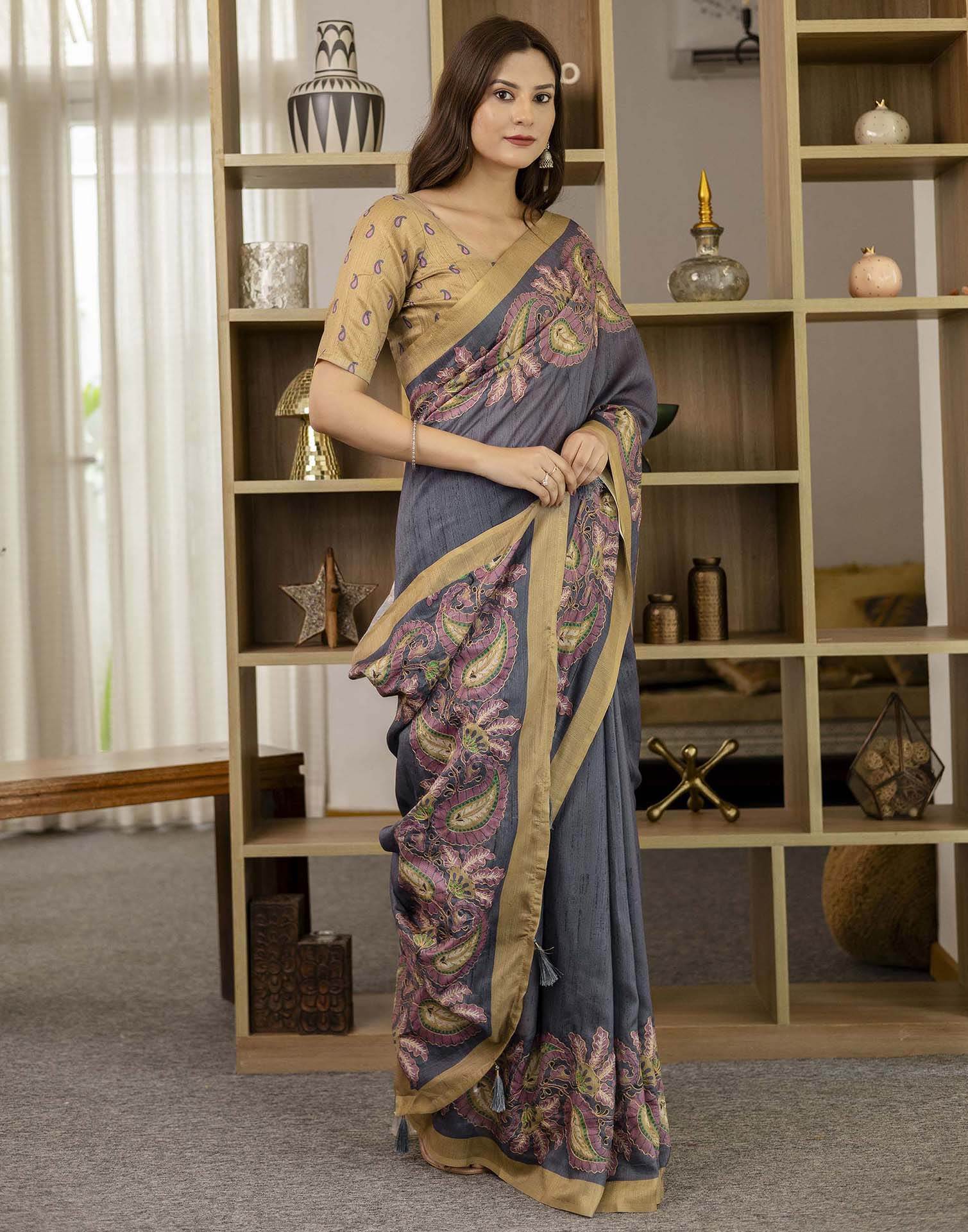 Dark Grey Tussar Silk Printed Saree