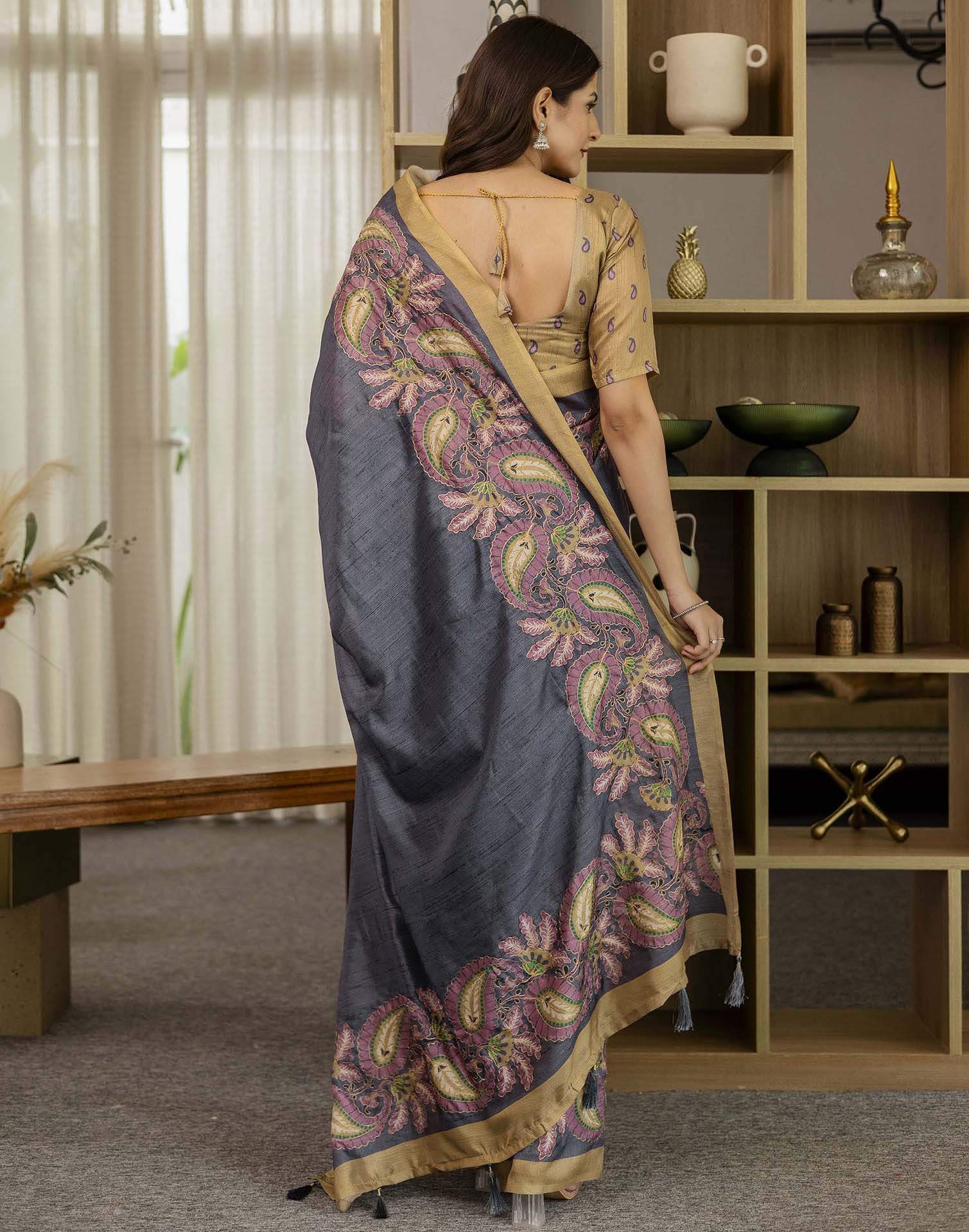 Dark Grey Tussar Silk Printed Saree