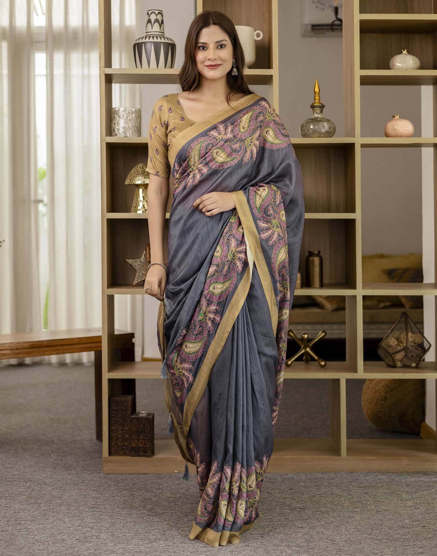 Dark Grey Tussar Silk Printed Saree