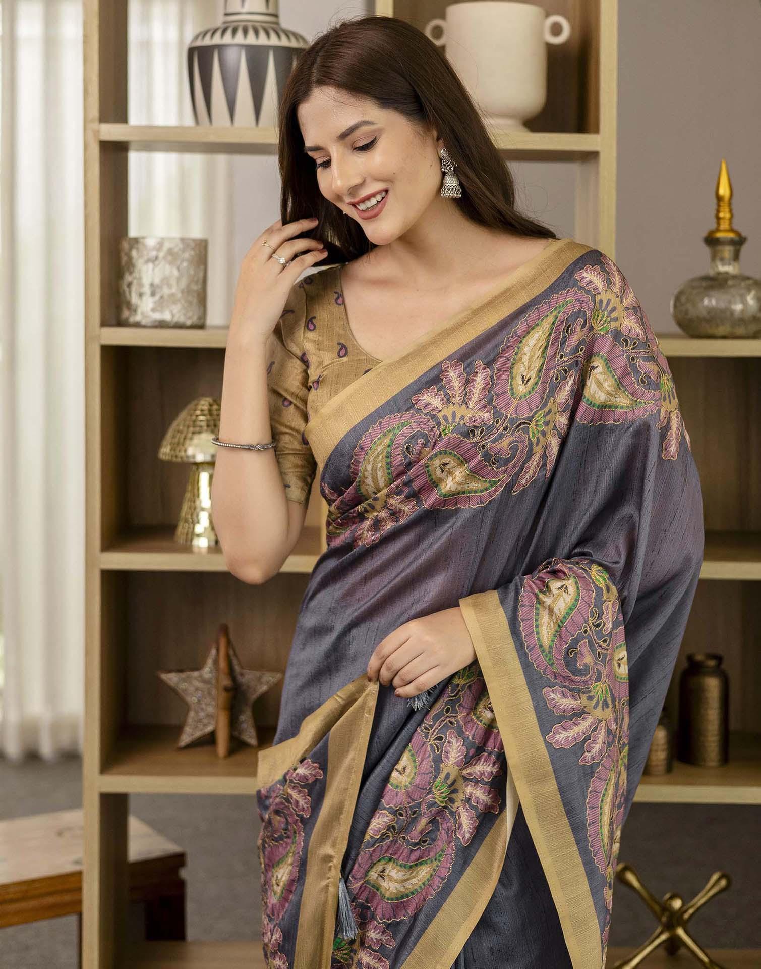 Dark Grey Tussar Silk Printed Saree