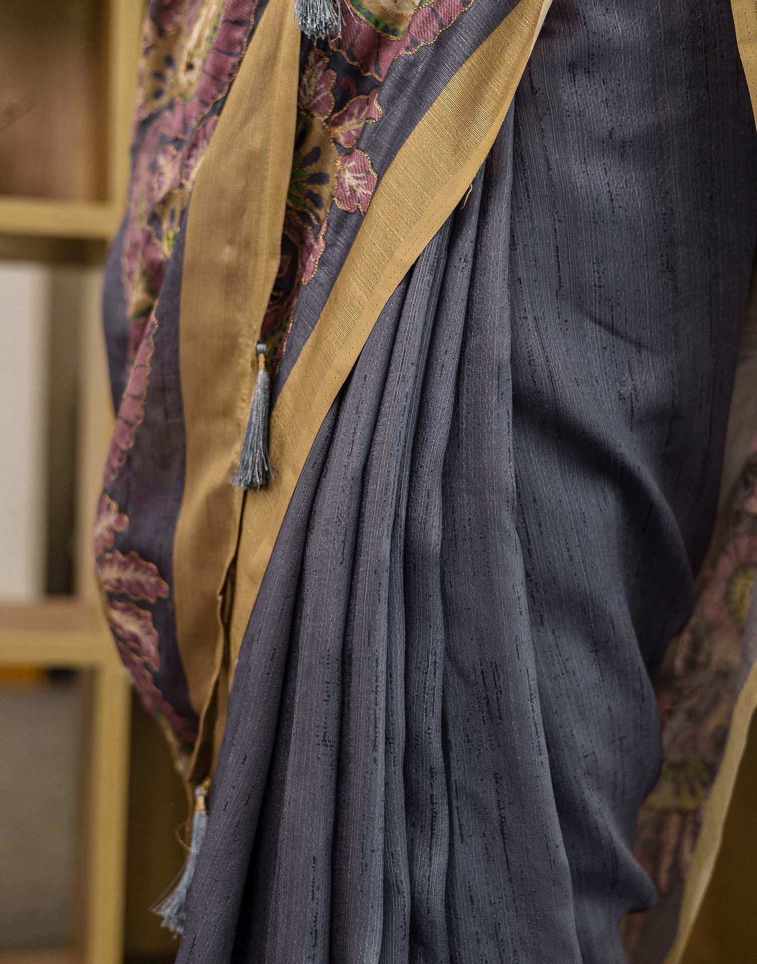 Dark Grey Tussar Silk Printed Saree