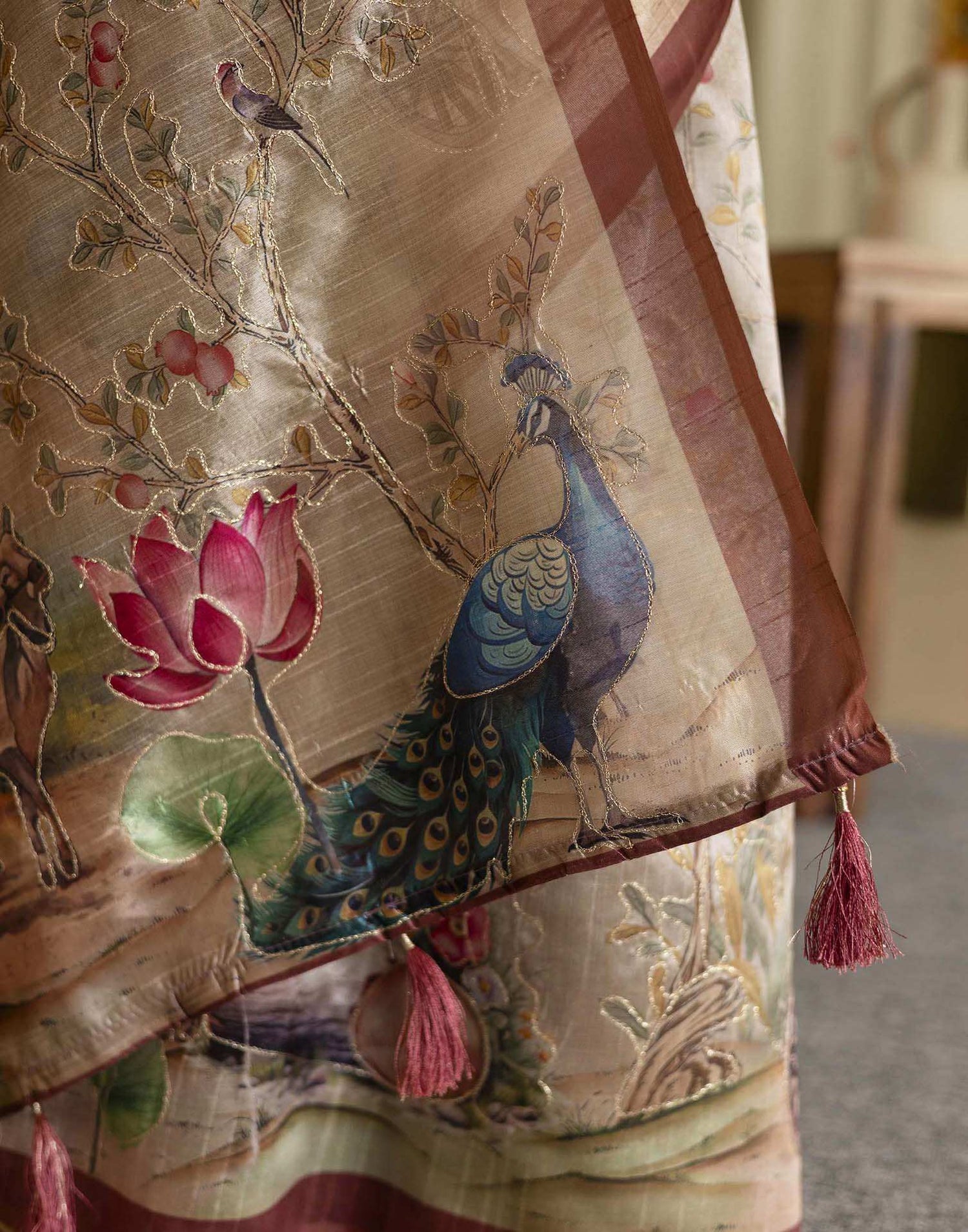 Beige Tussar Silk Printed Saree