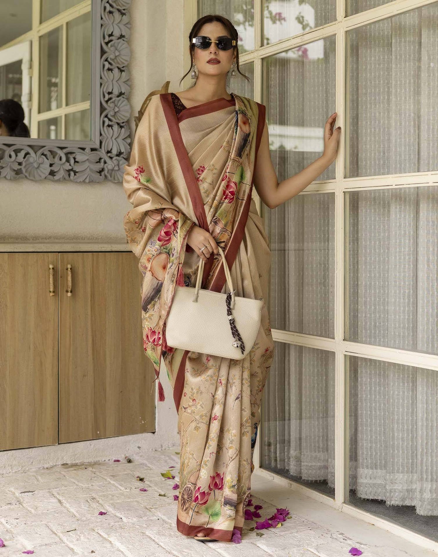 Beige Tussar Silk Printed Saree