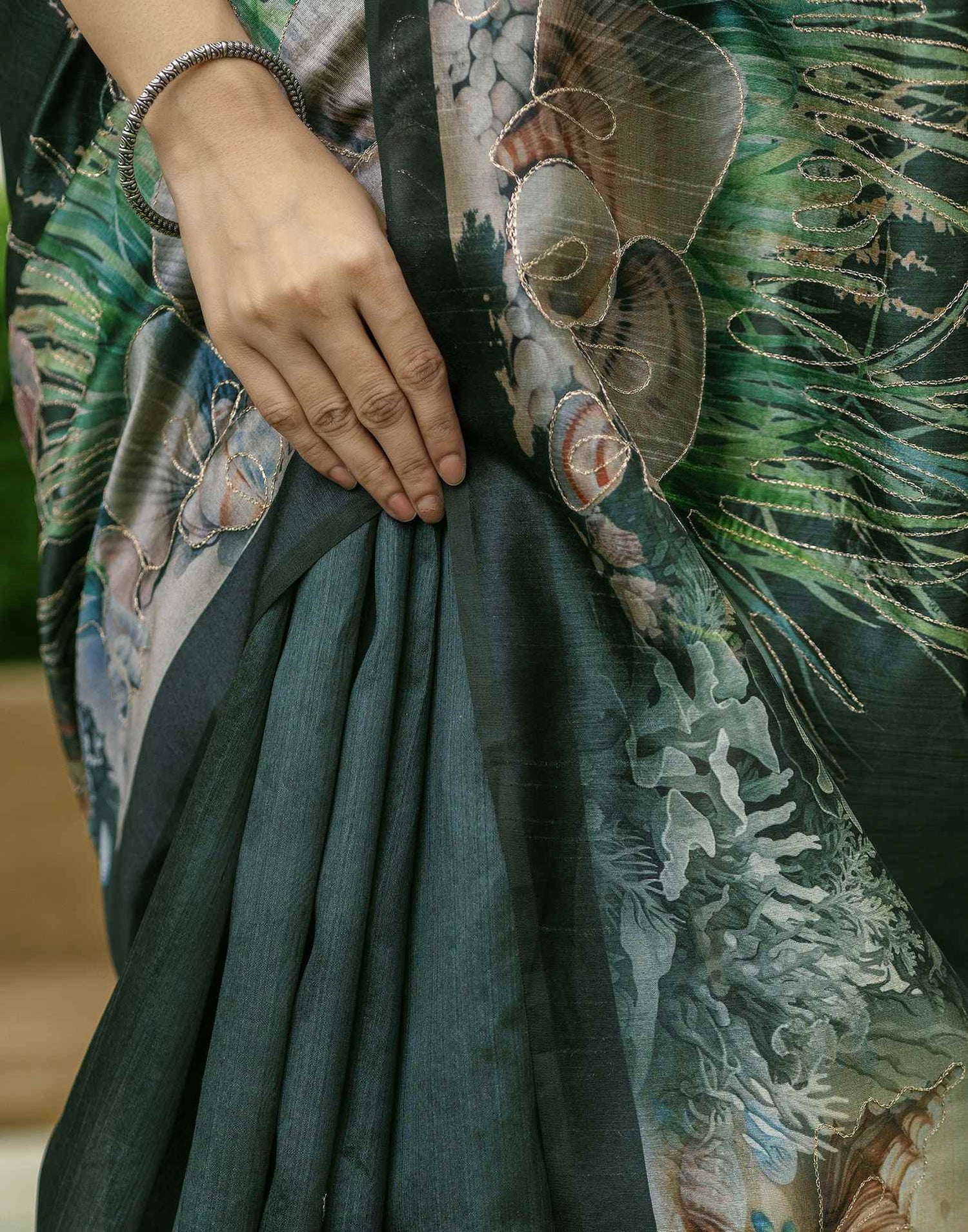 Dark Green Tussar Silk Printed Saree