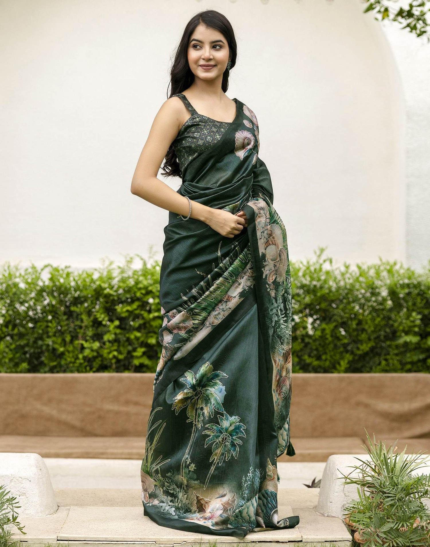 Dark Green Tussar Silk Printed Saree