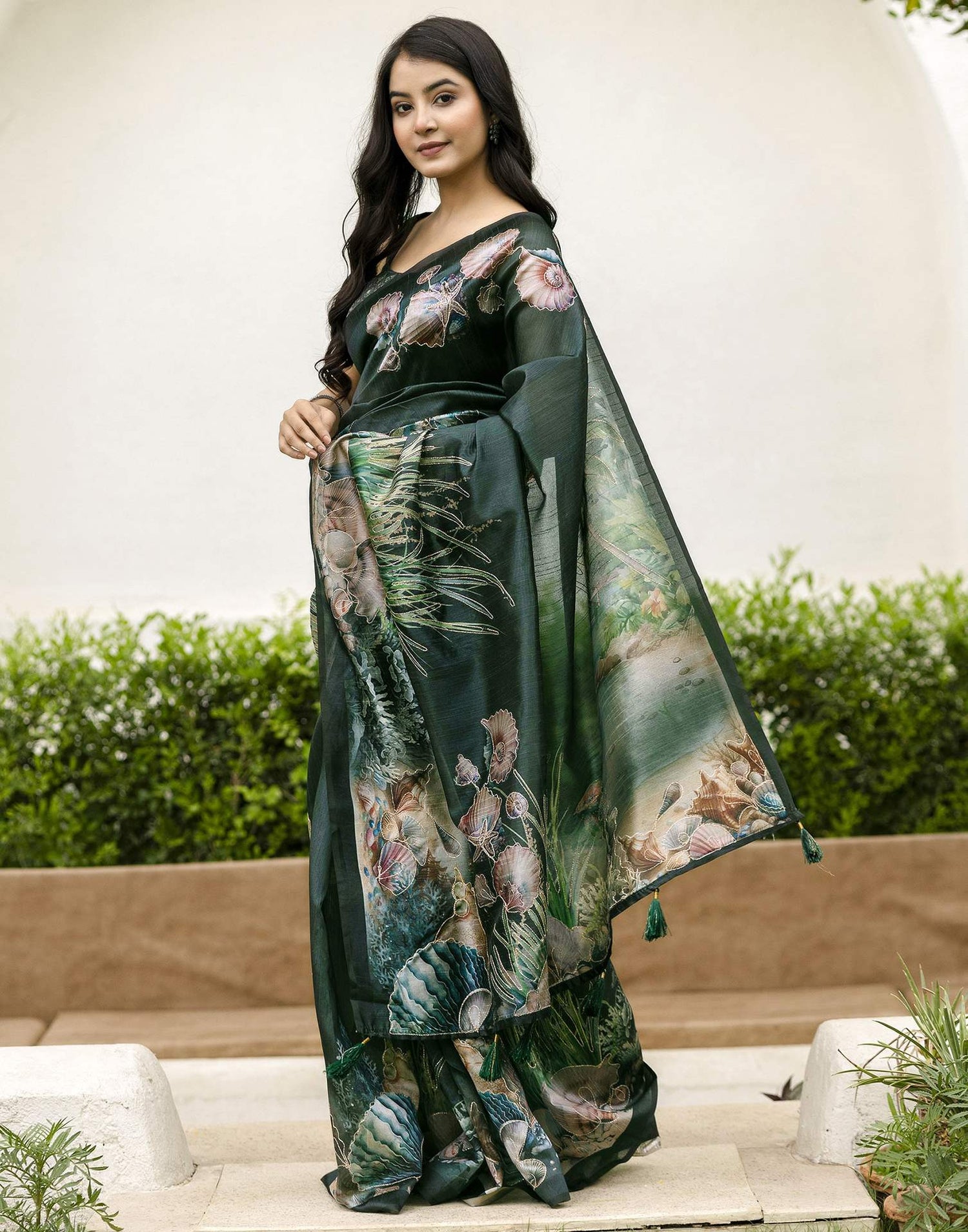 Dark Green Tussar Silk Printed Saree