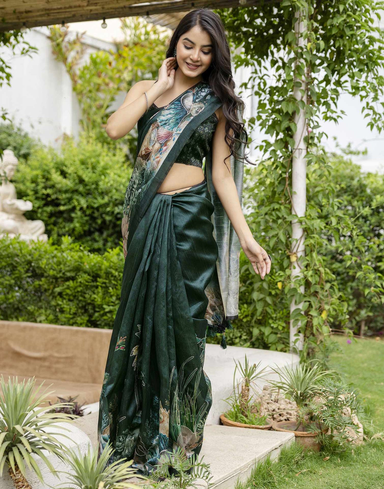 Dark Green Tussar Silk Printed Saree