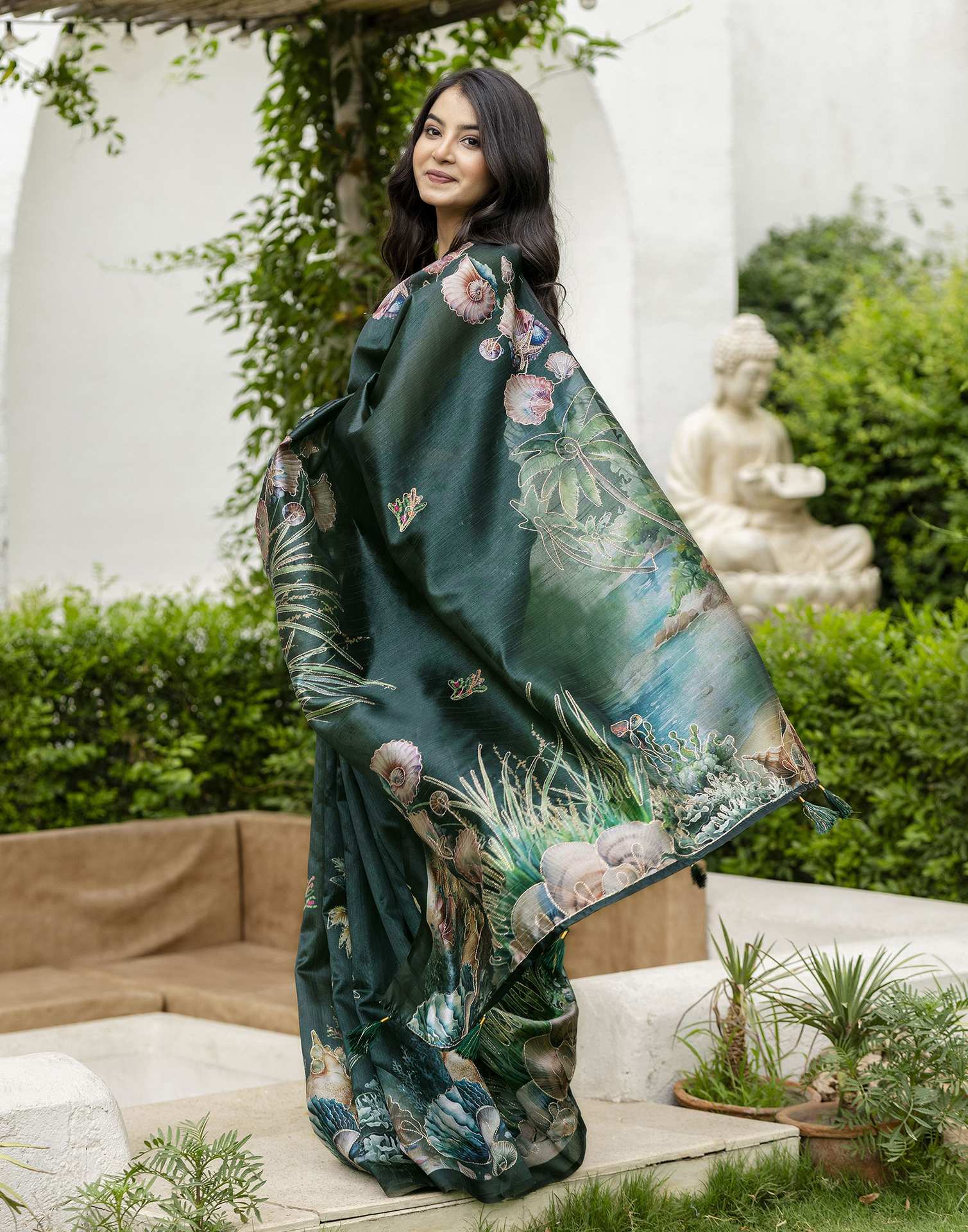 Dark Green Tussar Silk Printed Saree