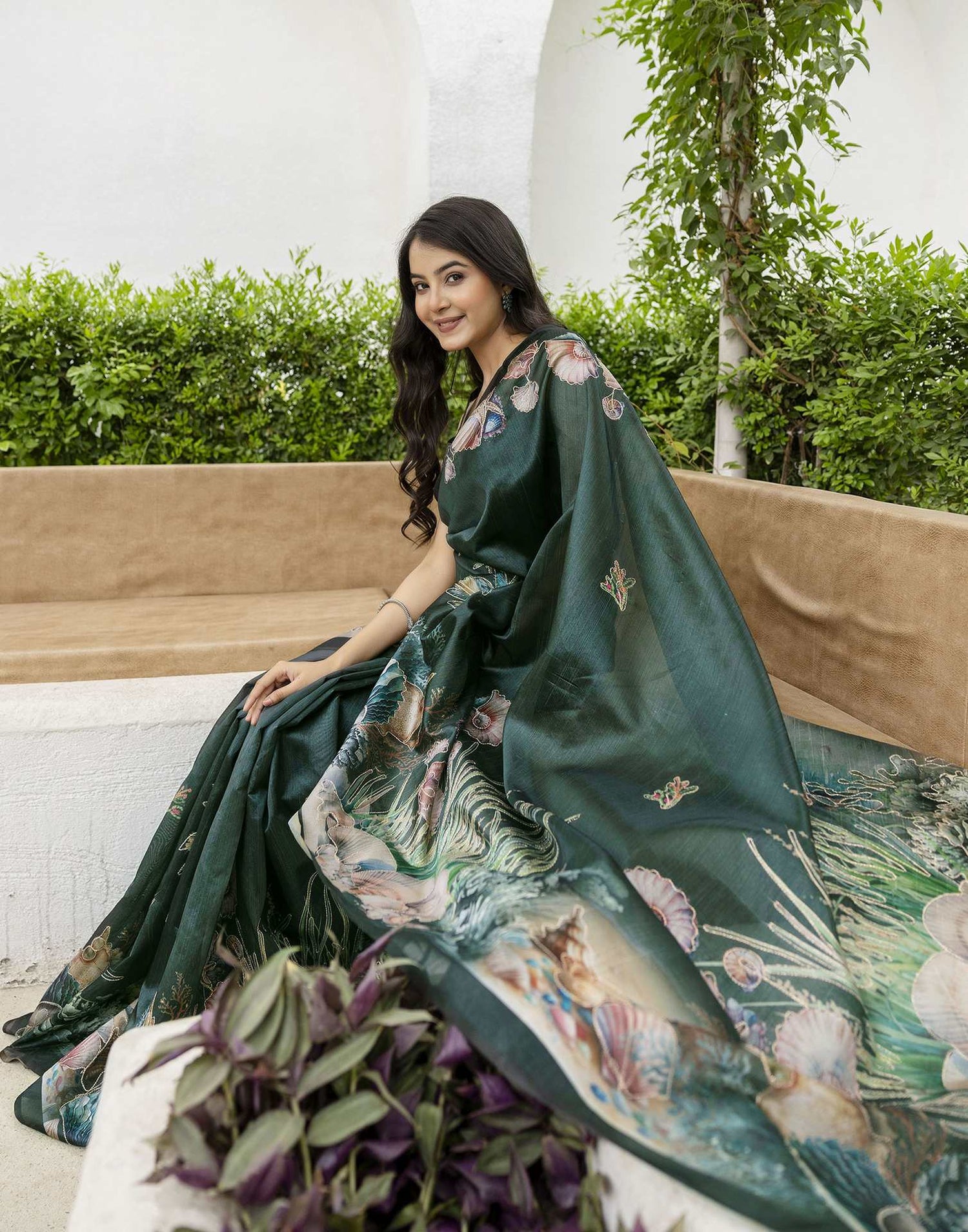 Dark Green Tussar Silk Printed Saree