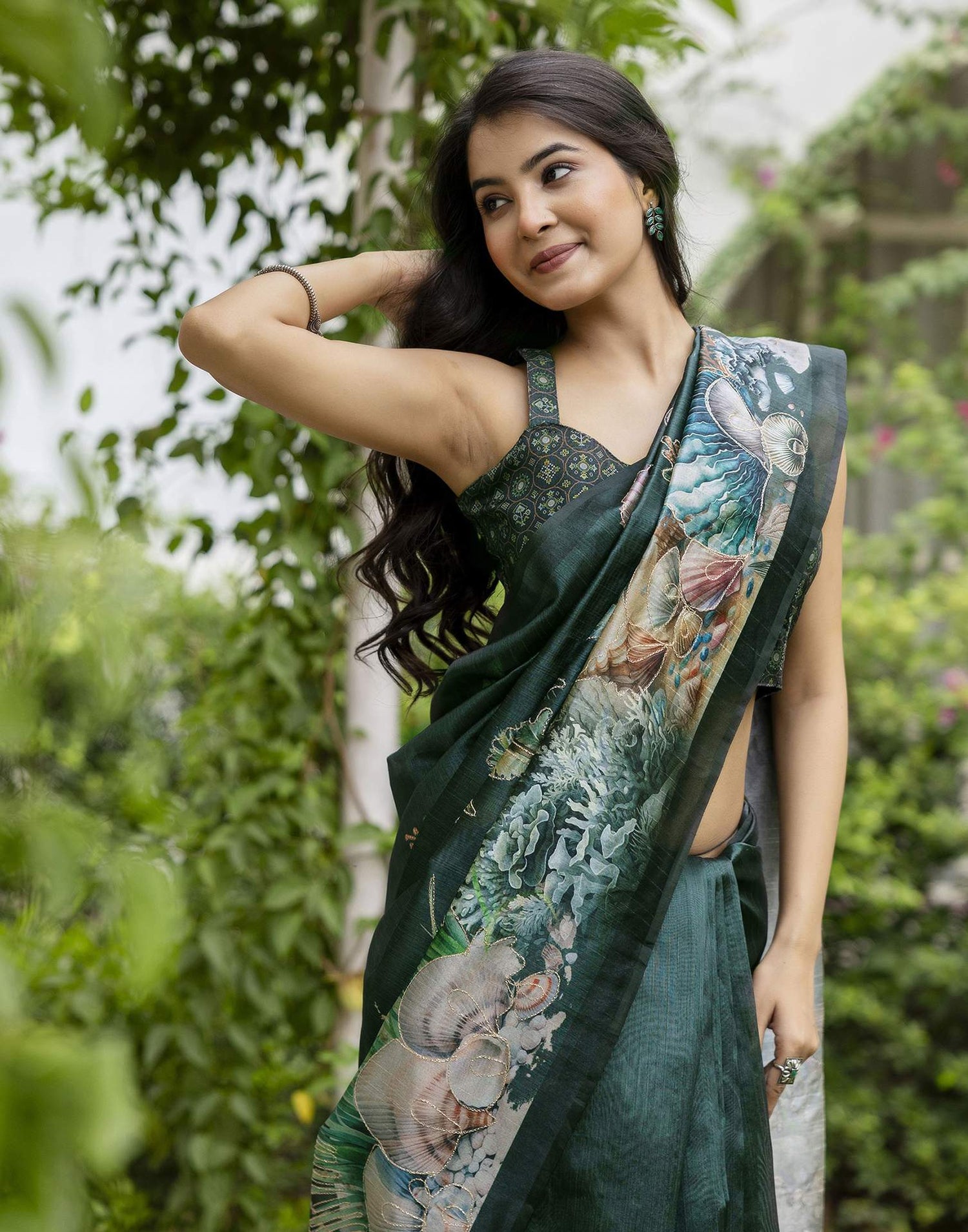 Dark Green Tussar Silk Printed Saree