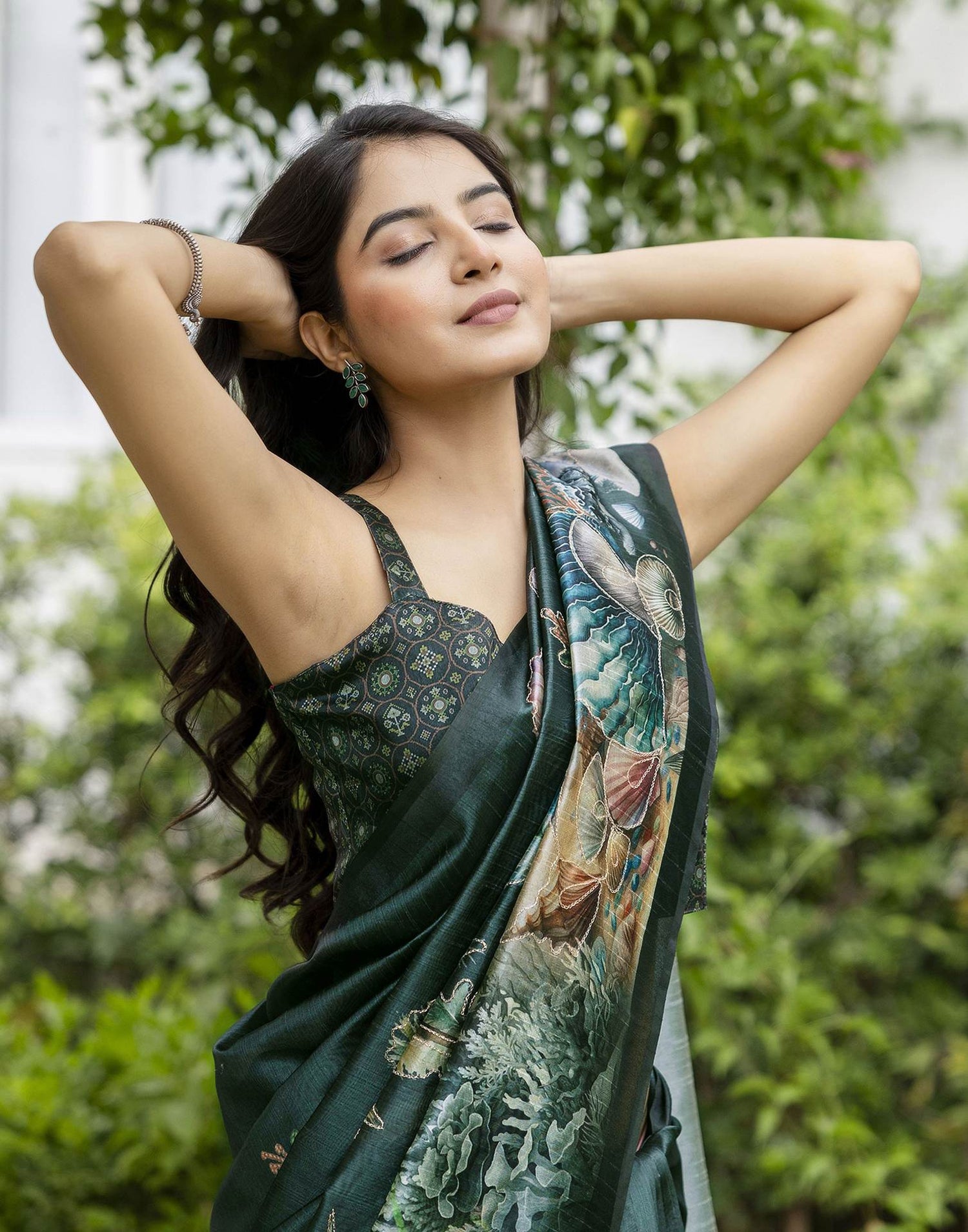 Dark Green Tussar Silk Printed Saree