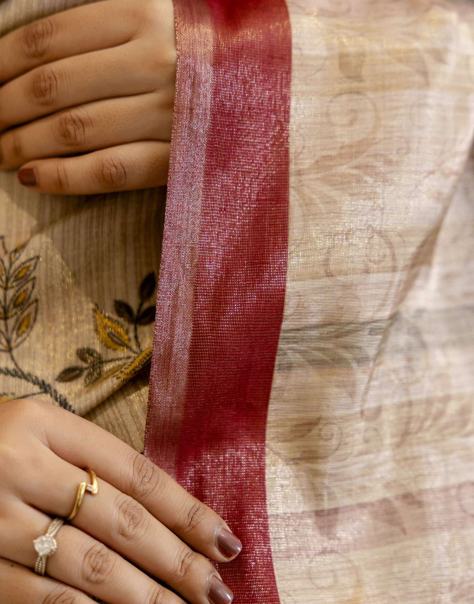 Beige Cotton Printed Saree