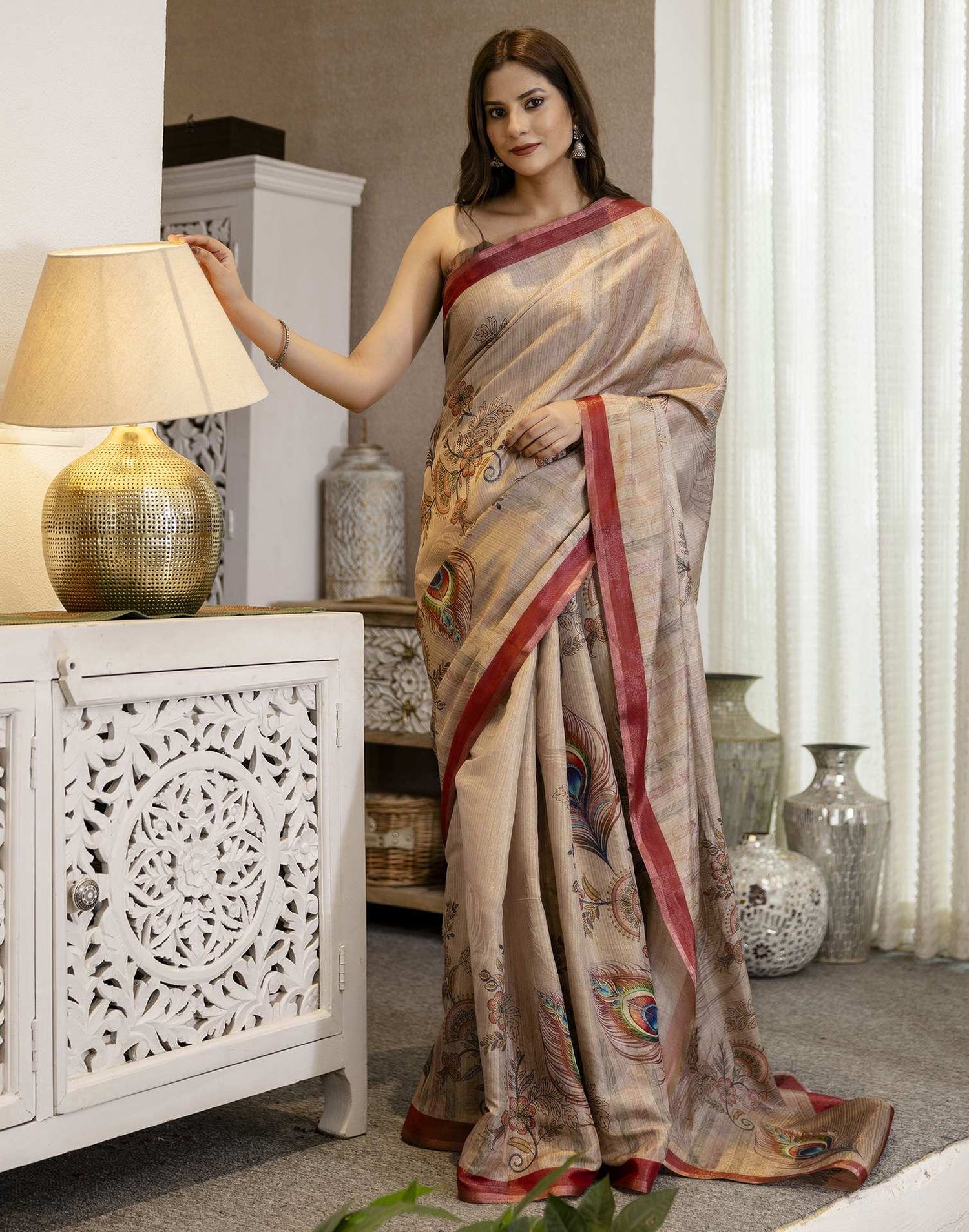 Beige Cotton Printed Saree