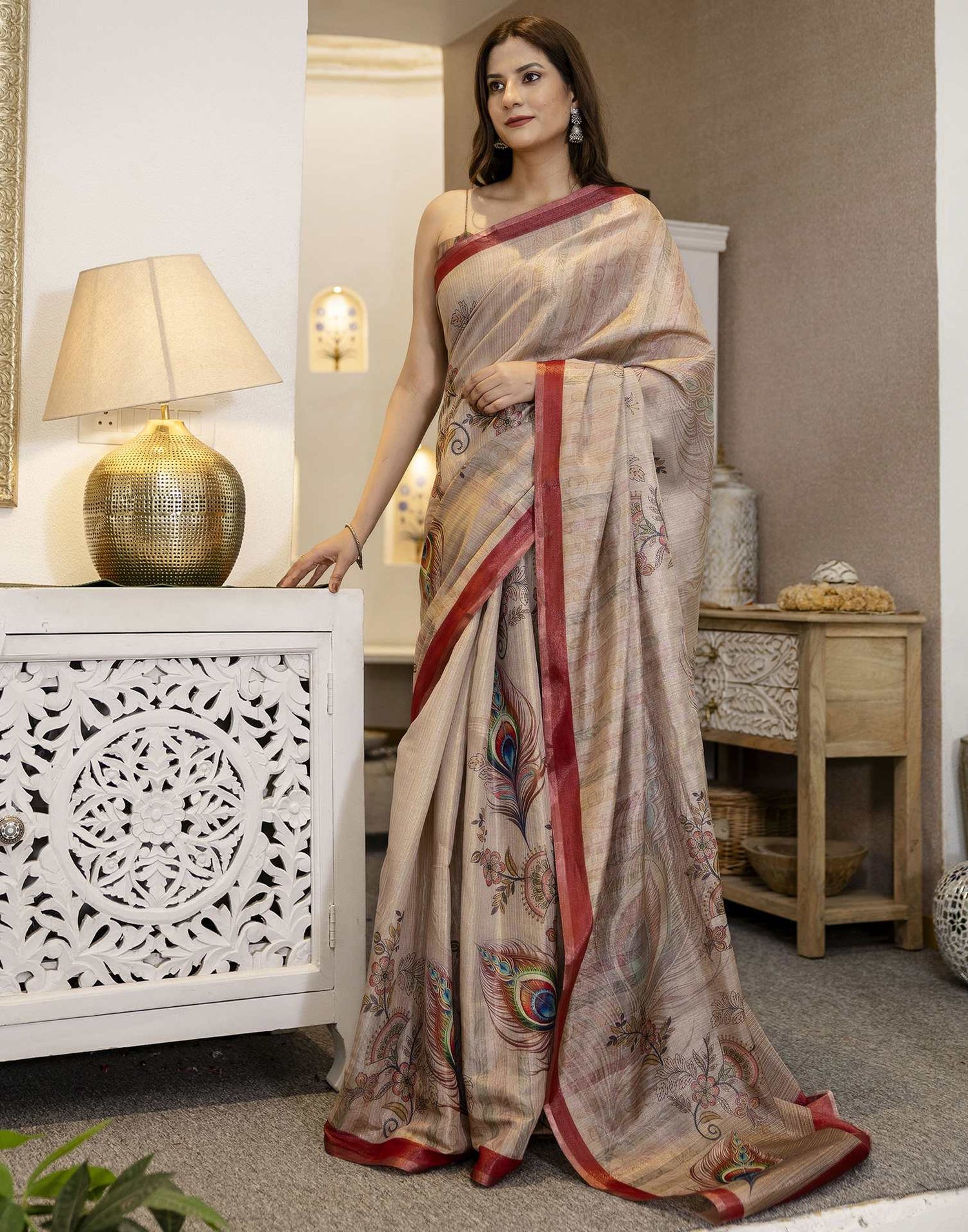 Beige Cotton Printed Saree
