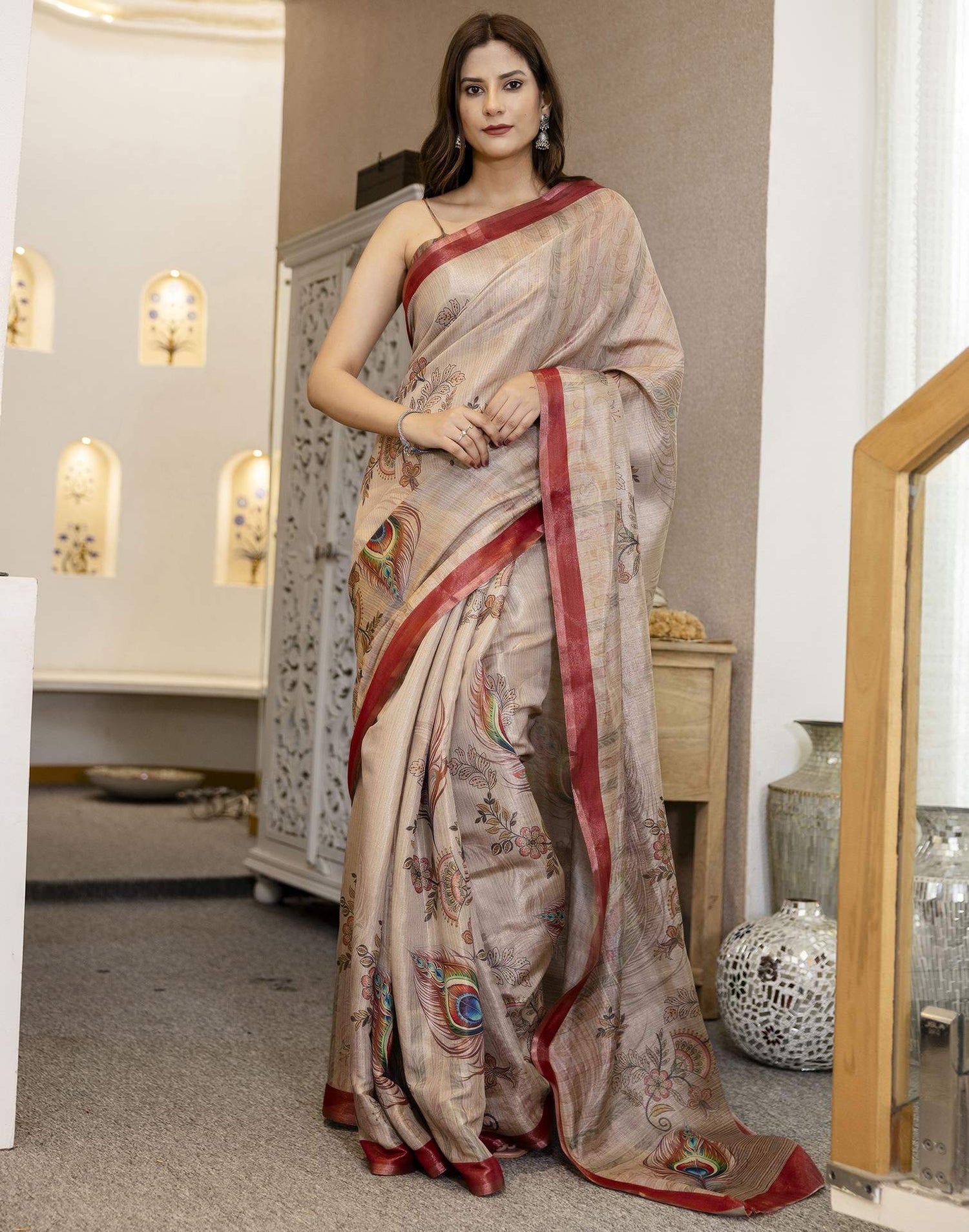 Beige Cotton Printed Saree
