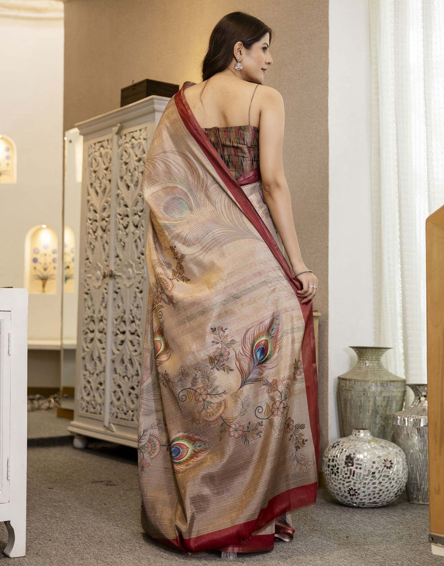 Beige Cotton Printed Saree