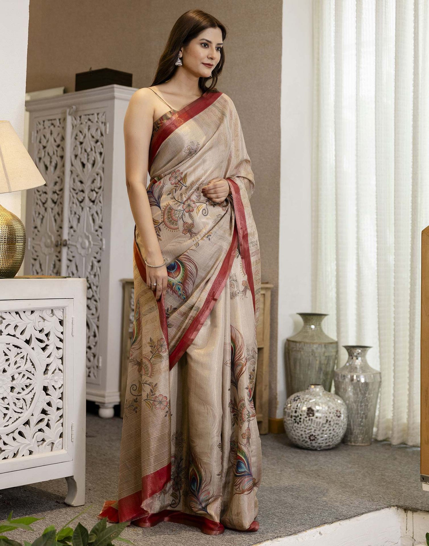 Beige Cotton Printed Saree