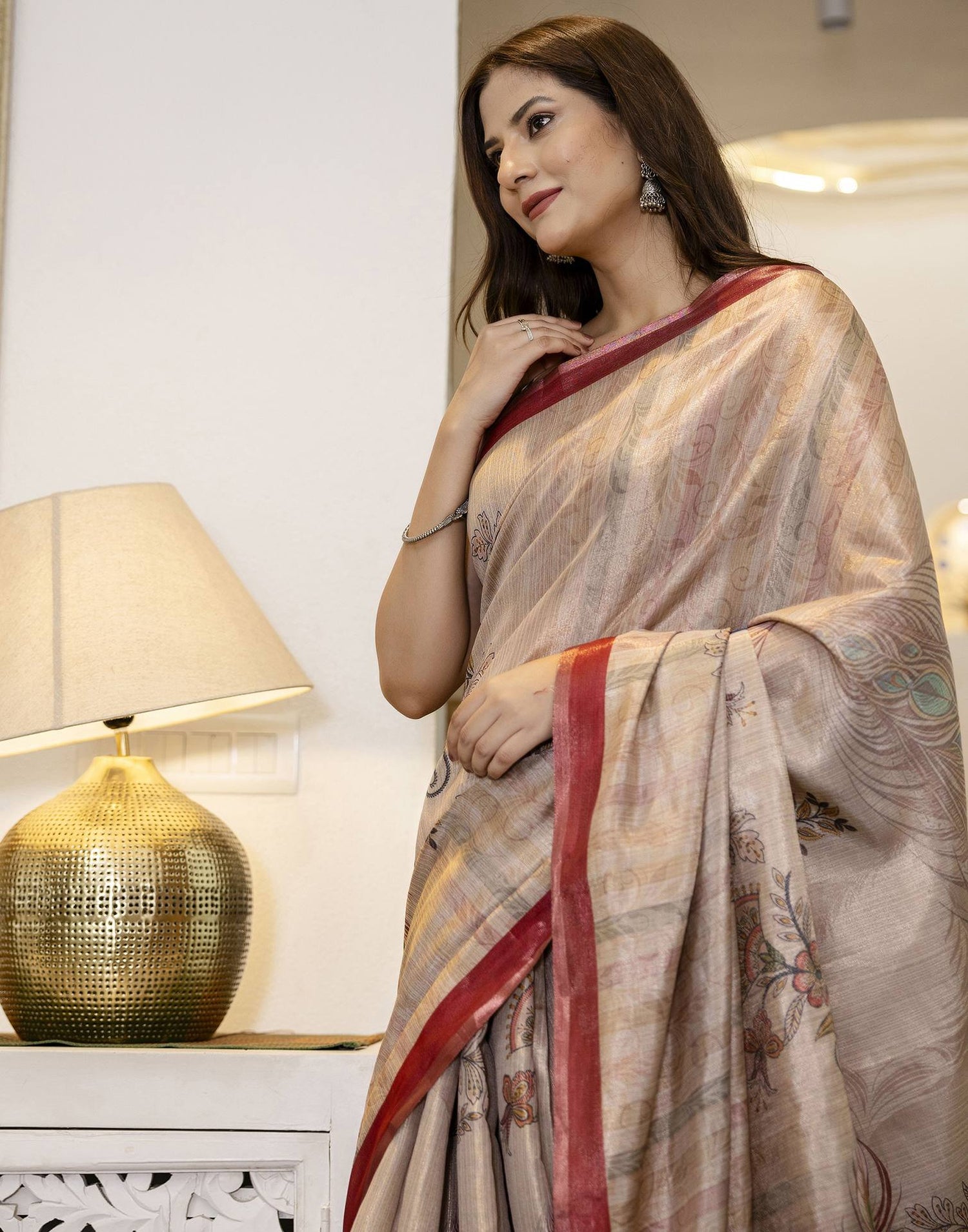 Beige Cotton Printed Saree