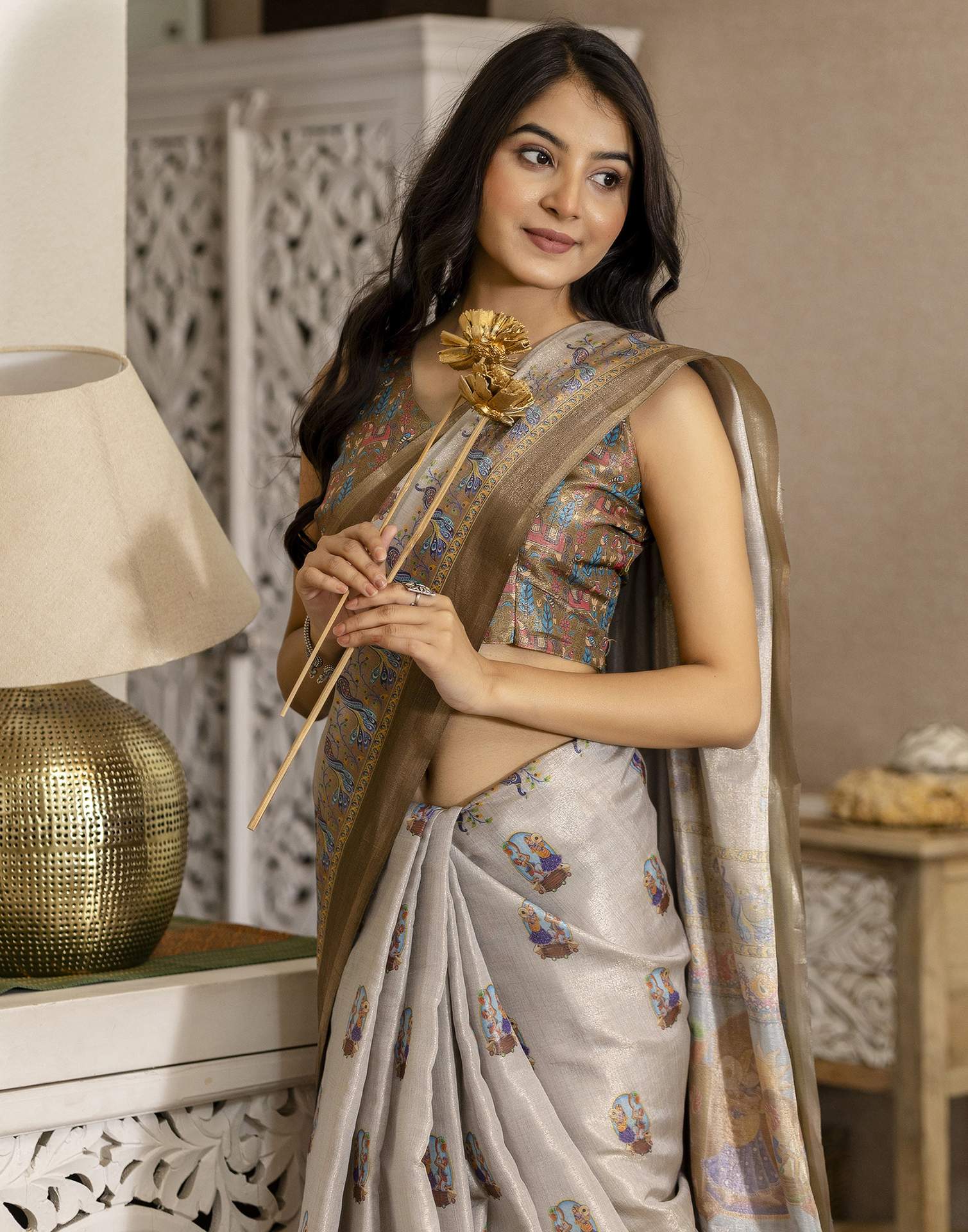 Grey Cotton Printed Saree