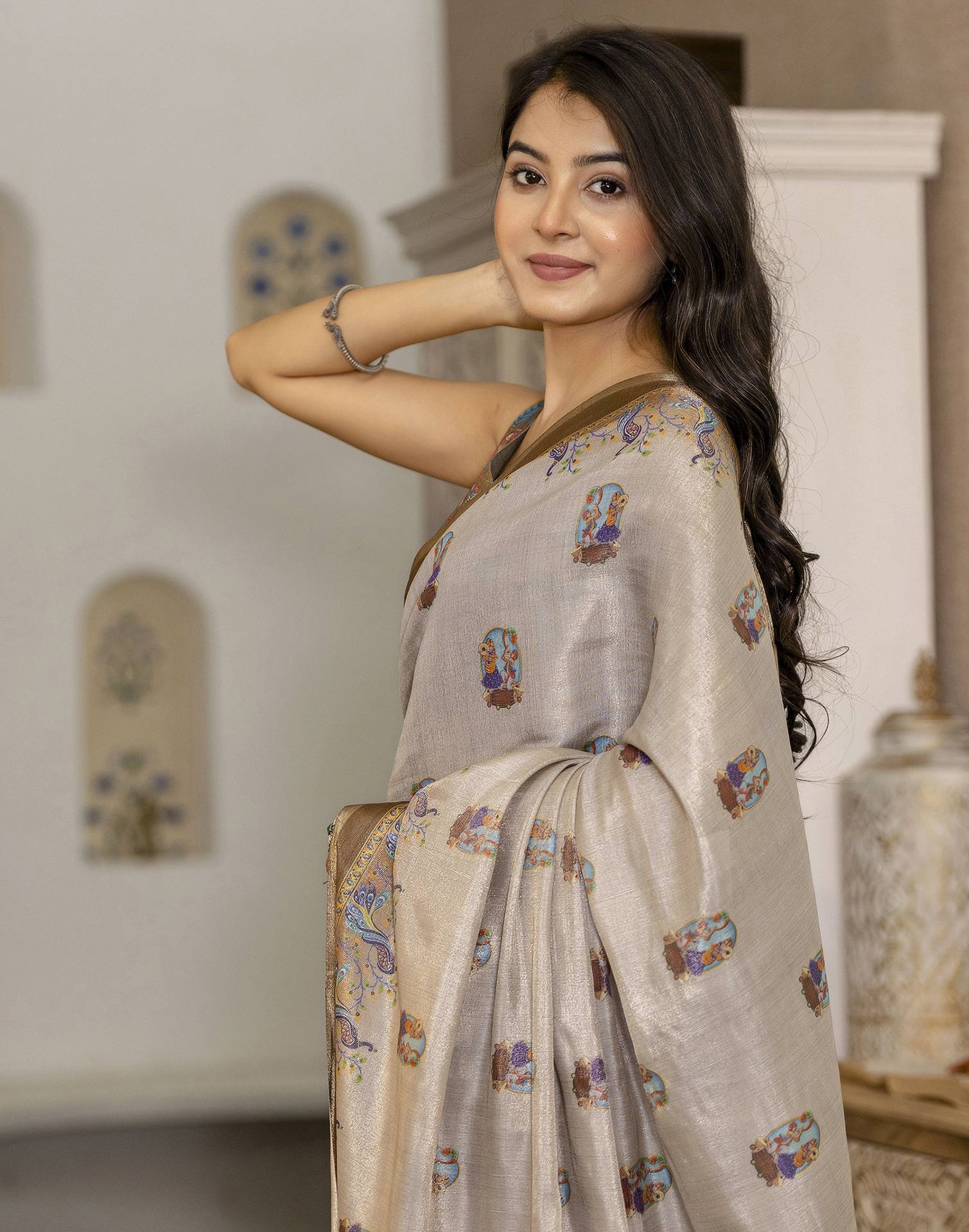 Grey Cotton Printed Saree