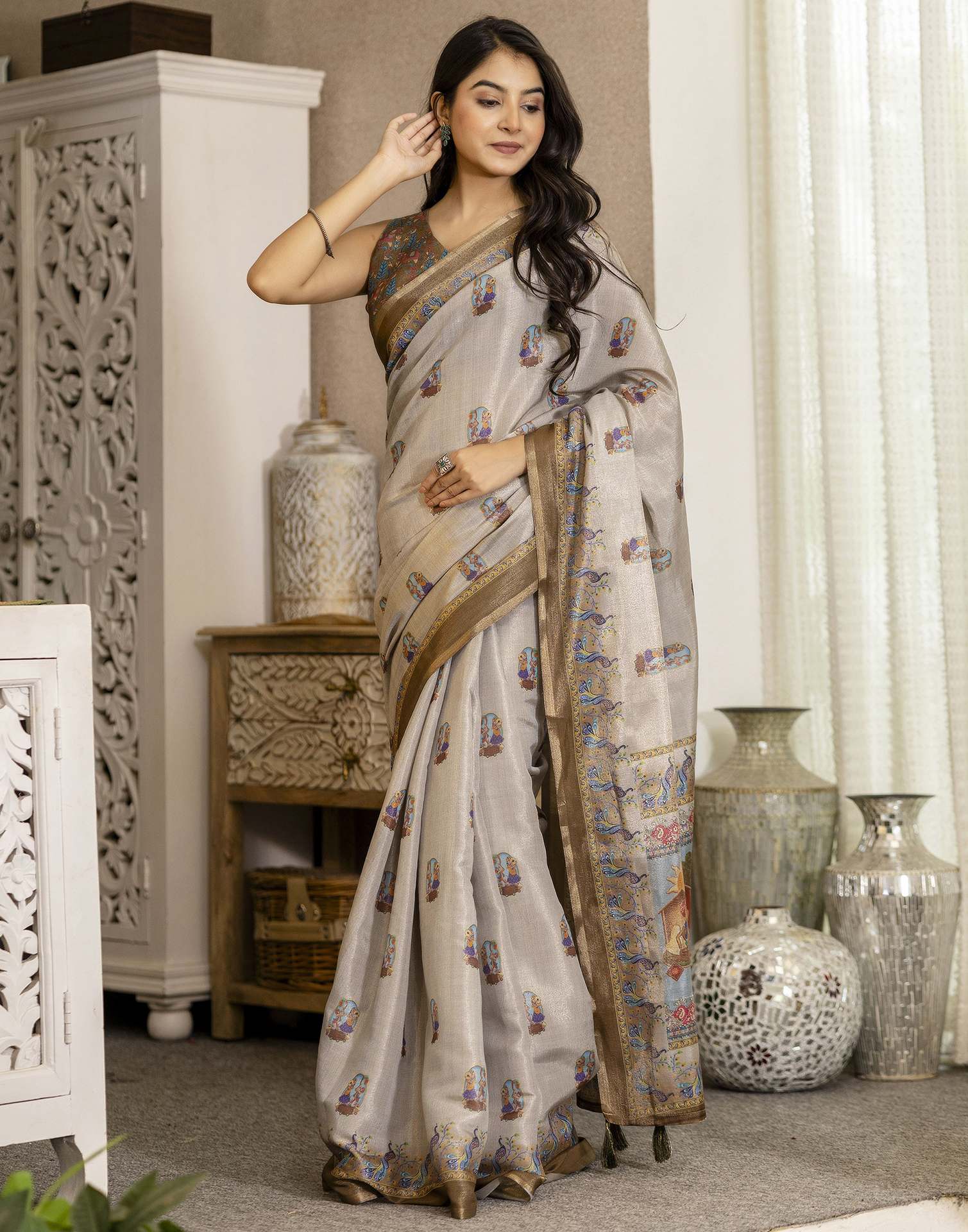 Grey Cotton Printed Saree