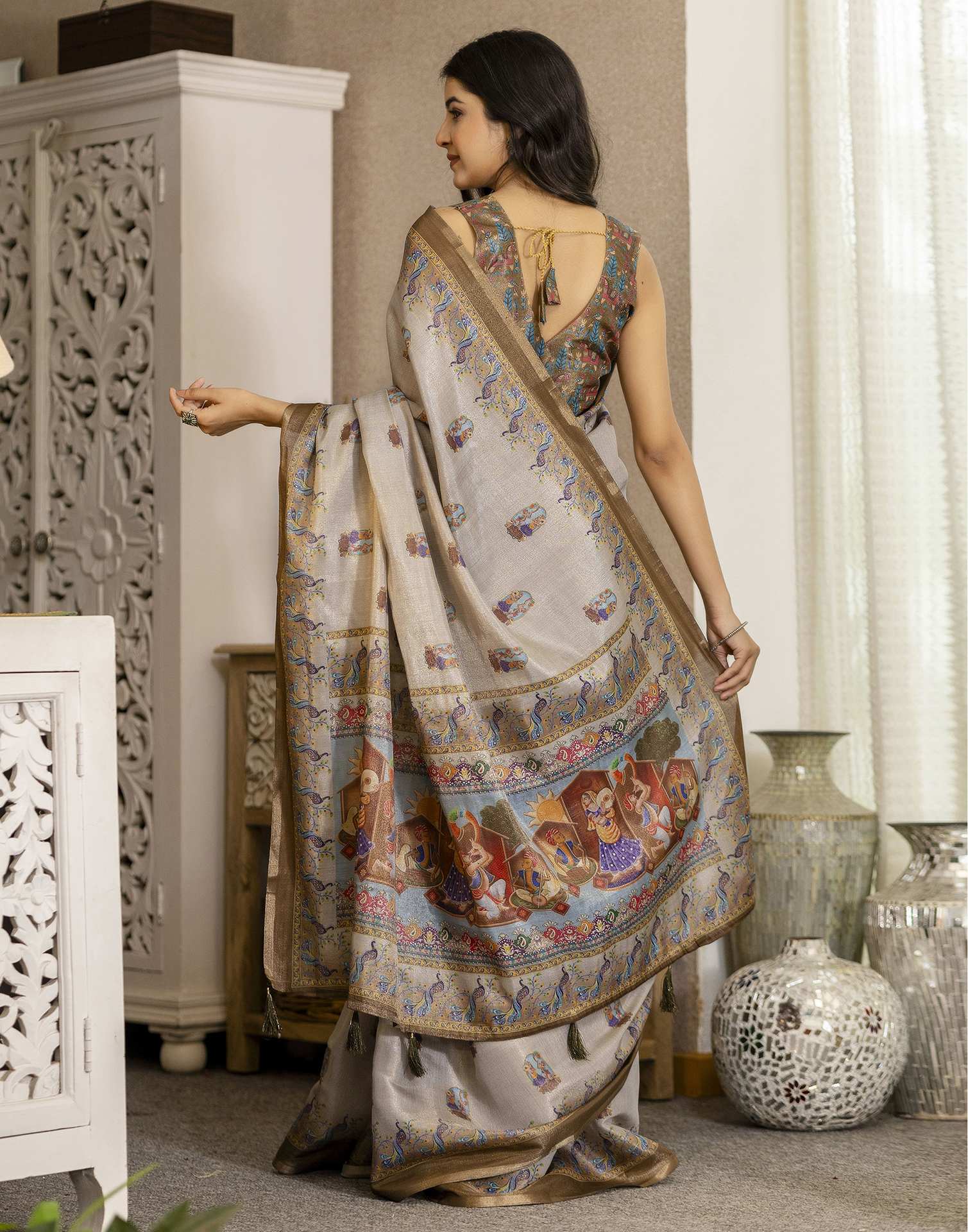 Grey Cotton Printed Saree