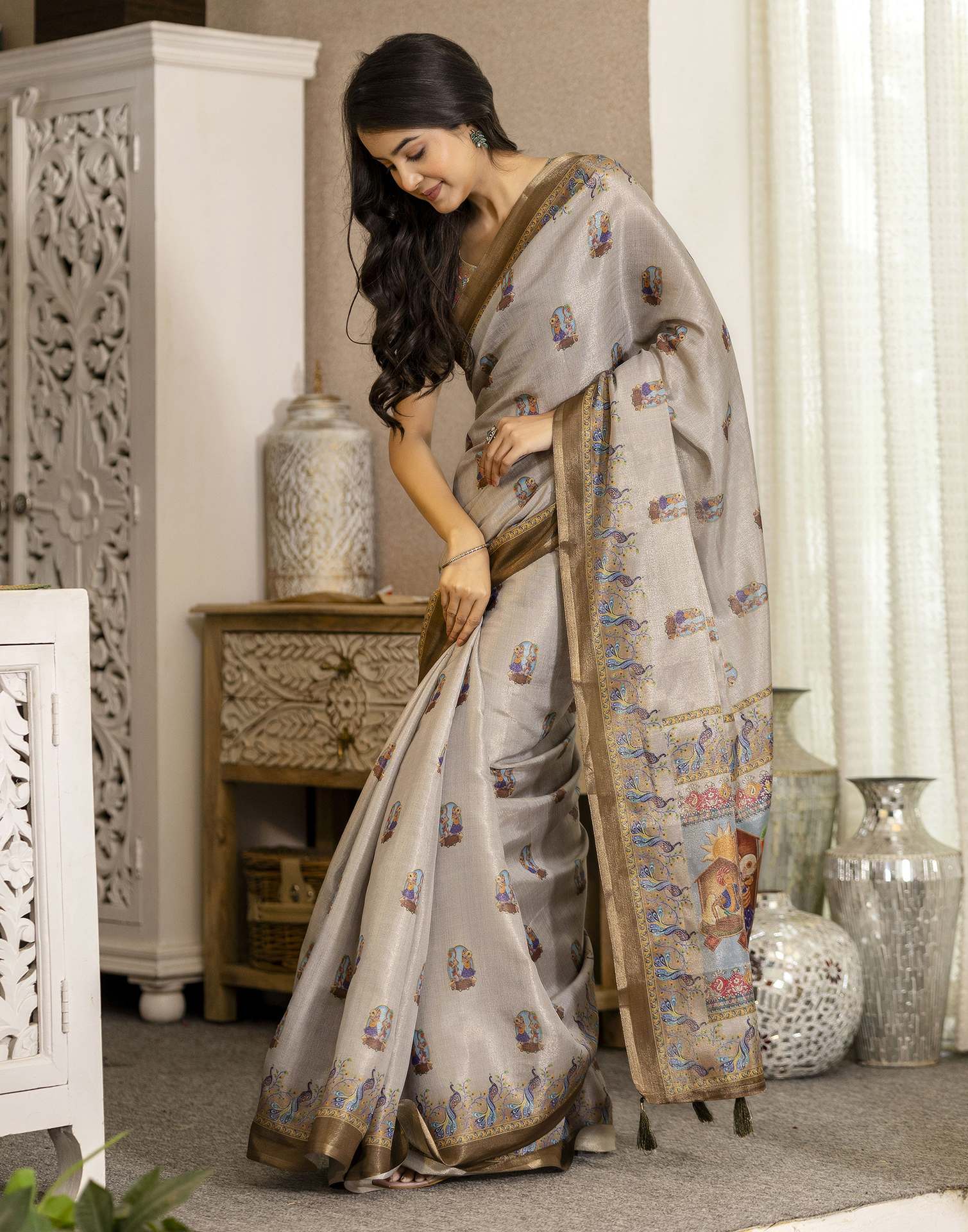 Grey Cotton Printed Saree