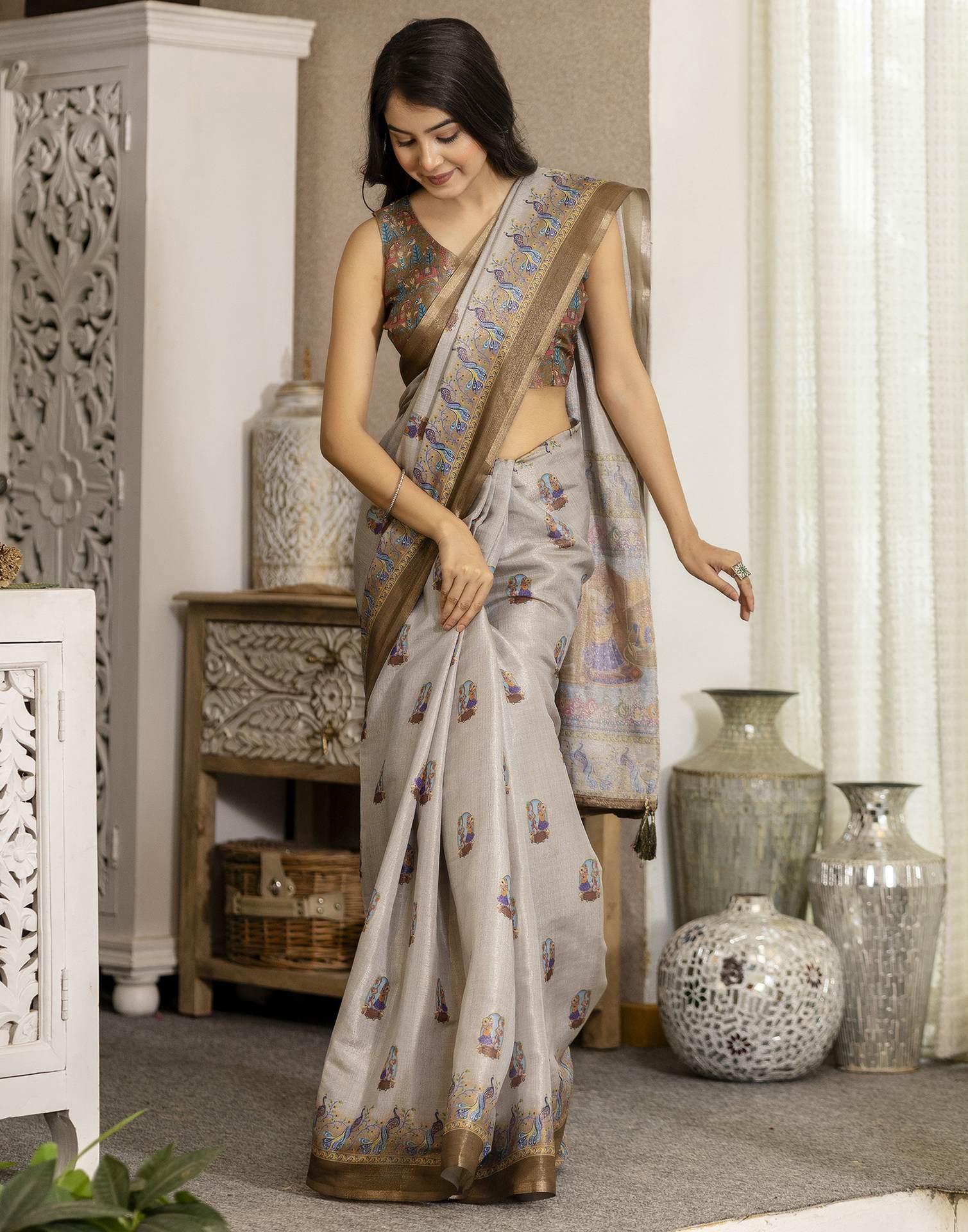 Grey Cotton Printed Saree