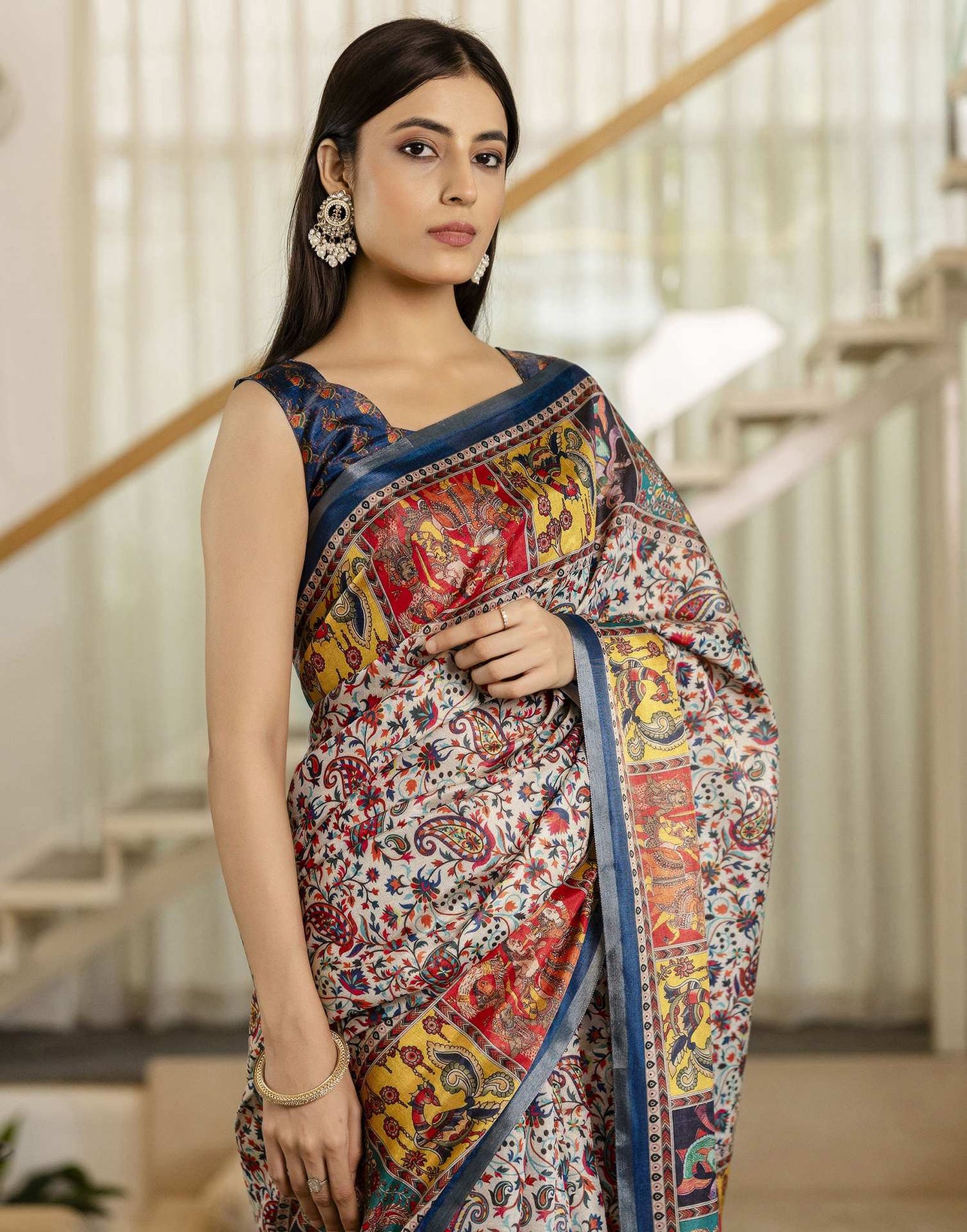 Multicoloured Cotton Printed Kalamkari Saree