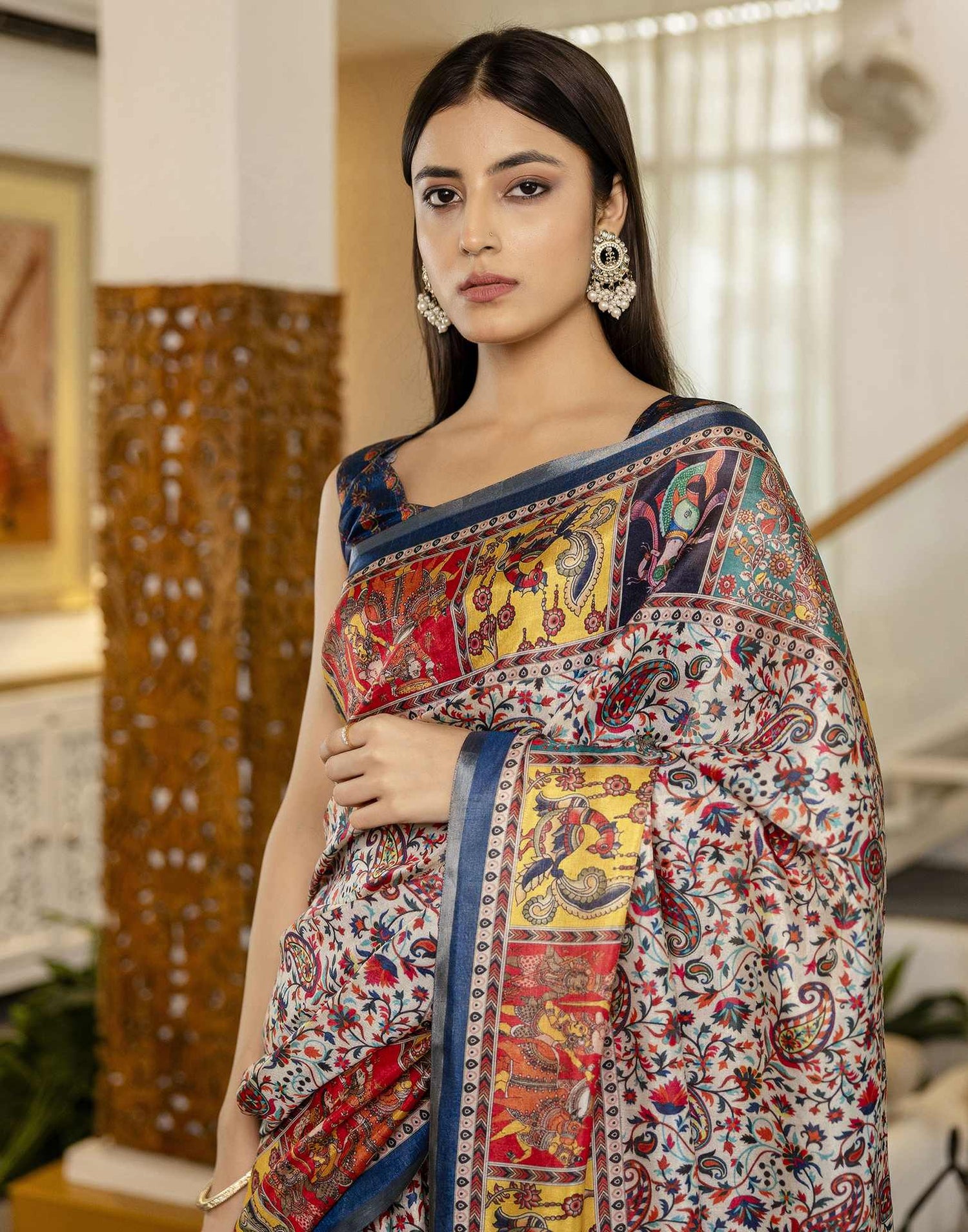 Multicoloured Cotton Printed Kalamkari Saree