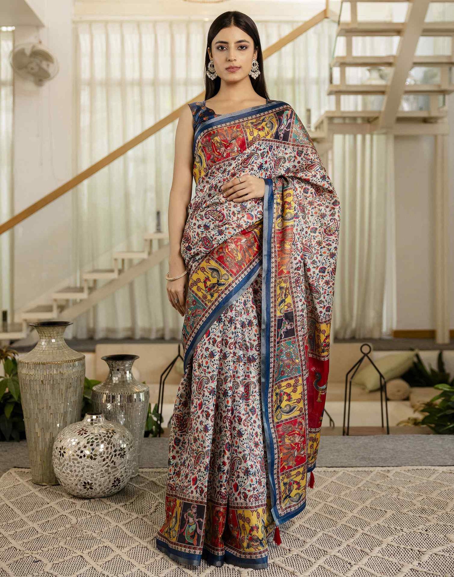 Multicoloured Cotton Printed Kalamkari Saree