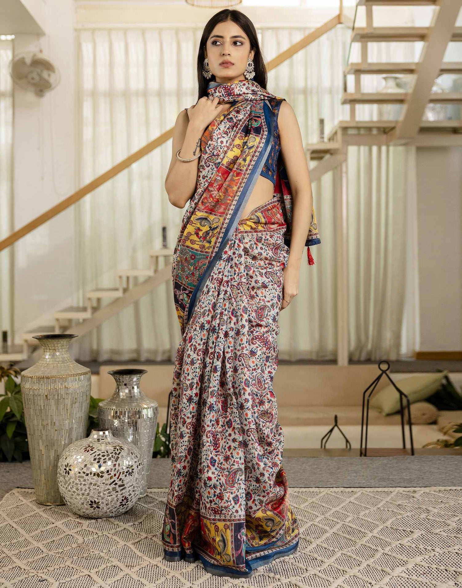 Multicoloured Cotton Printed Kalamkari Saree