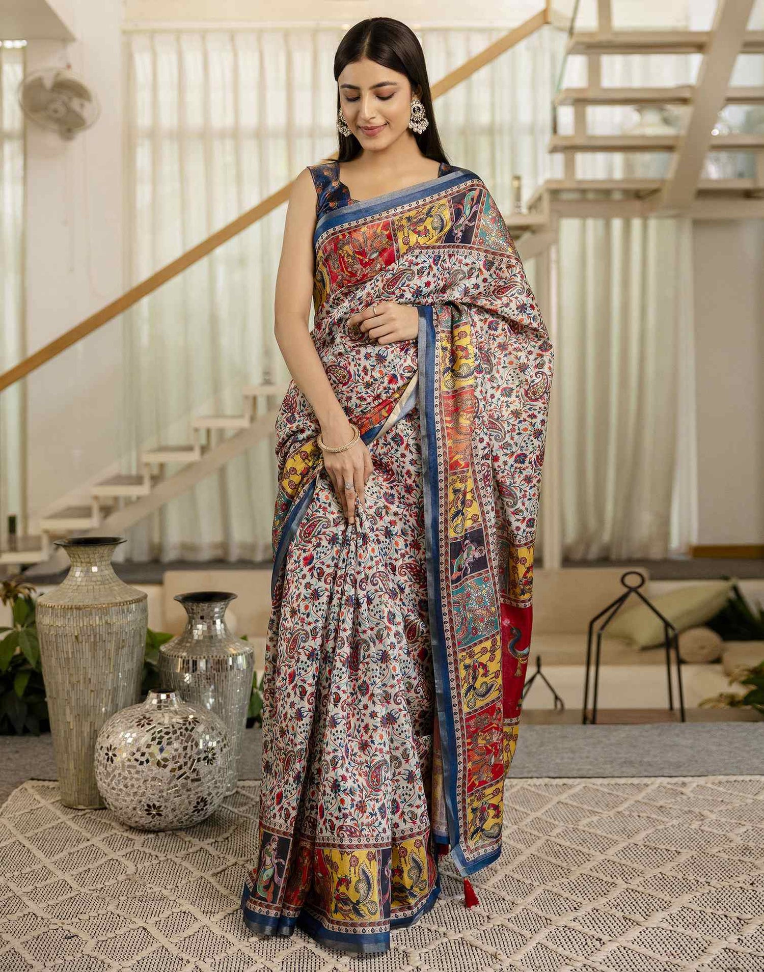 Multicoloured Cotton Printed Kalamkari Saree