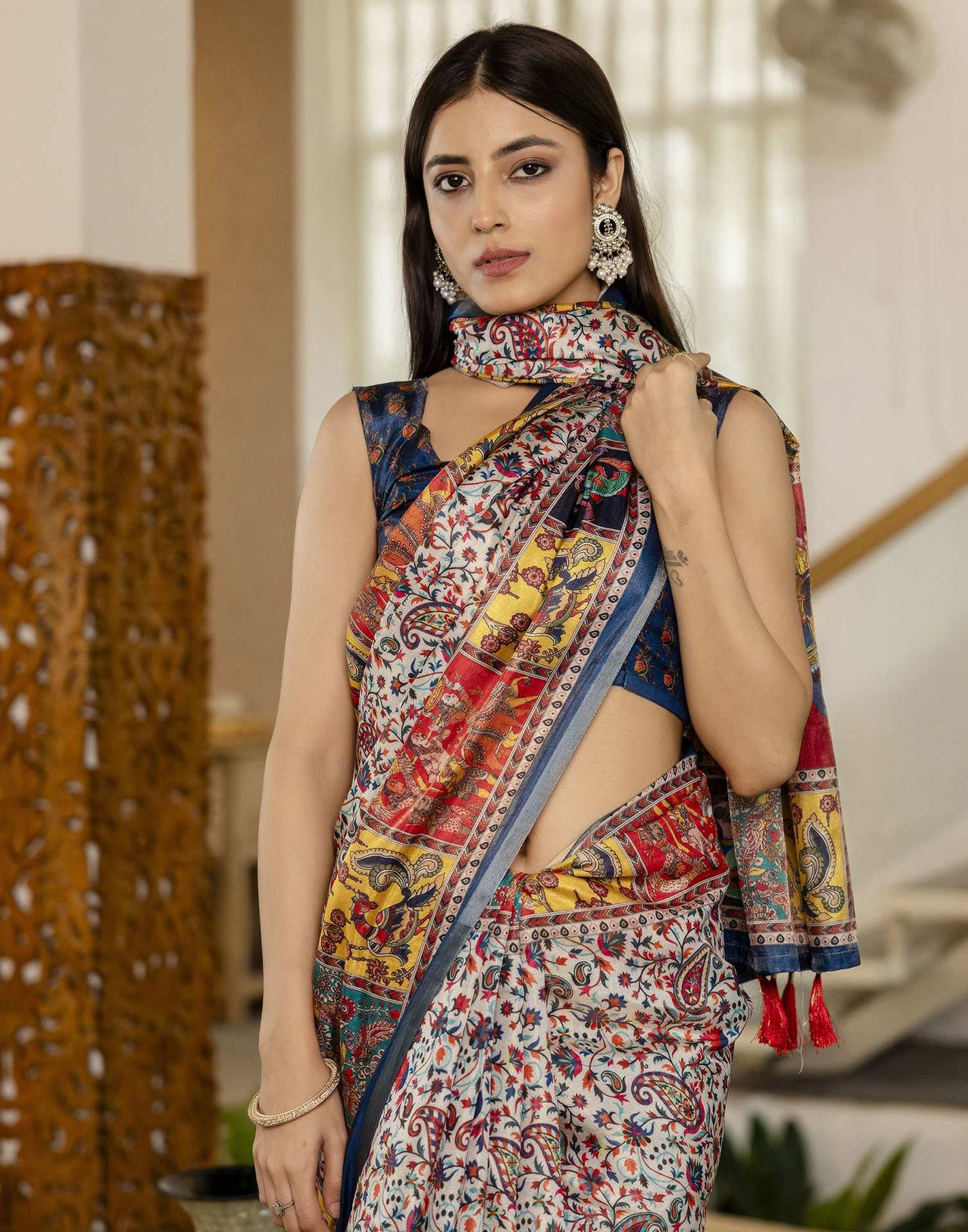 Multicoloured Cotton Printed Kalamkari Saree