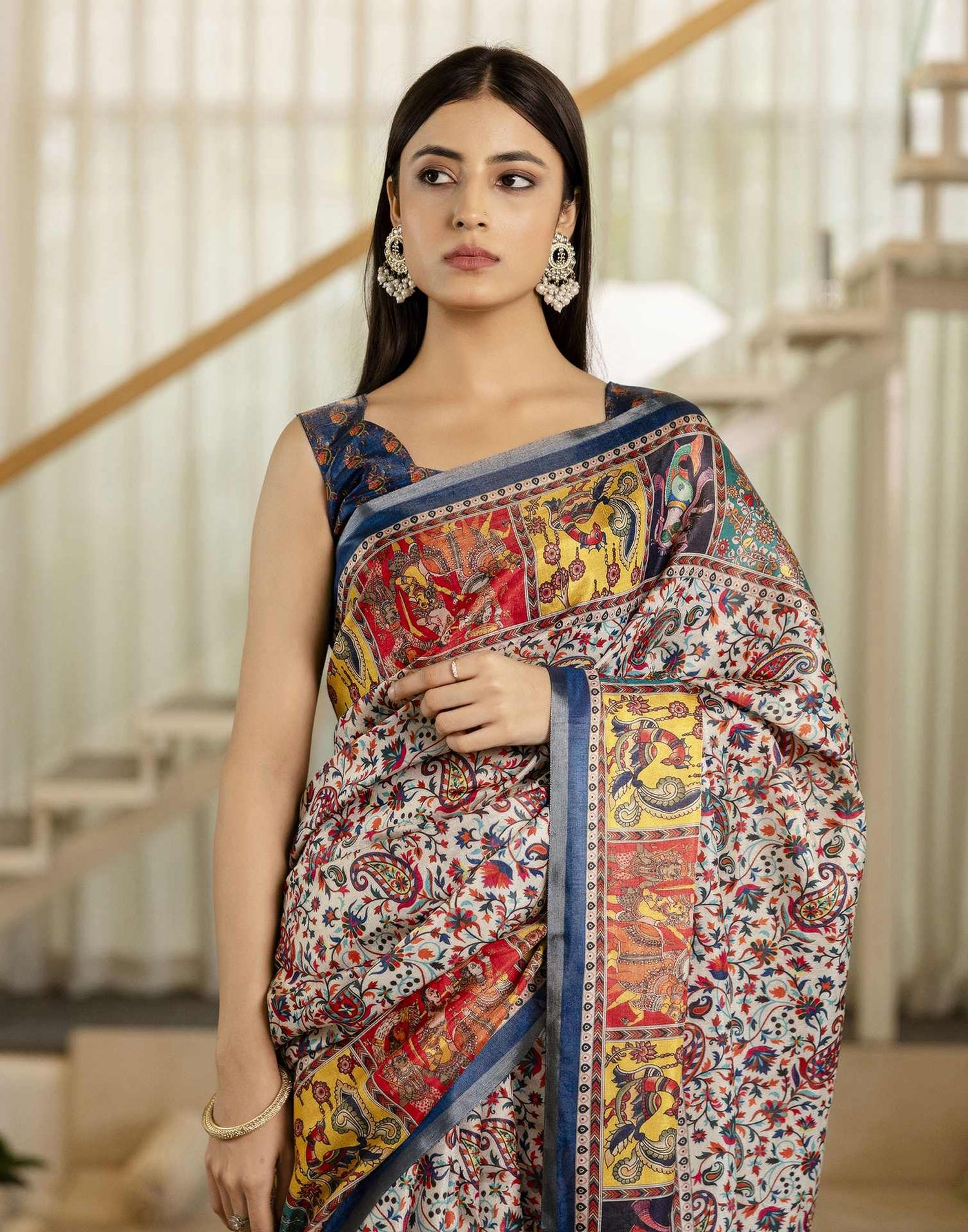 Multicoloured Cotton Printed Kalamkari Saree
