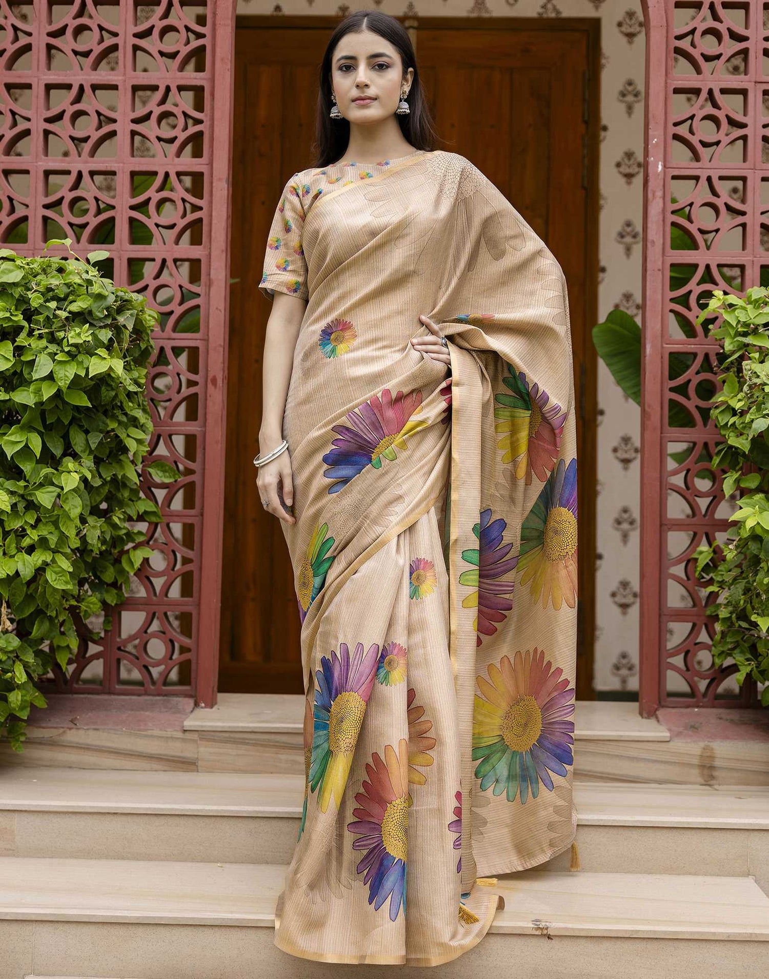 Beige Cotton Floral Printed  Saree