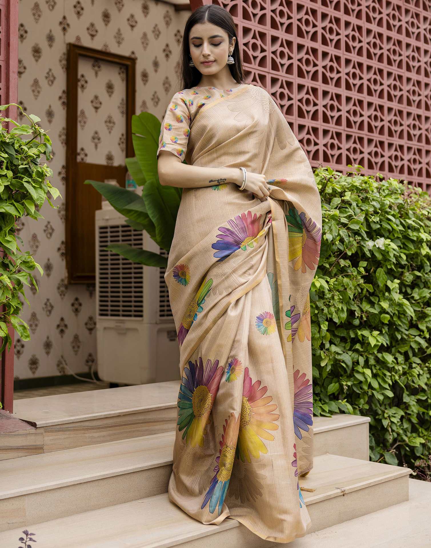 Beige Cotton Floral Printed Saree