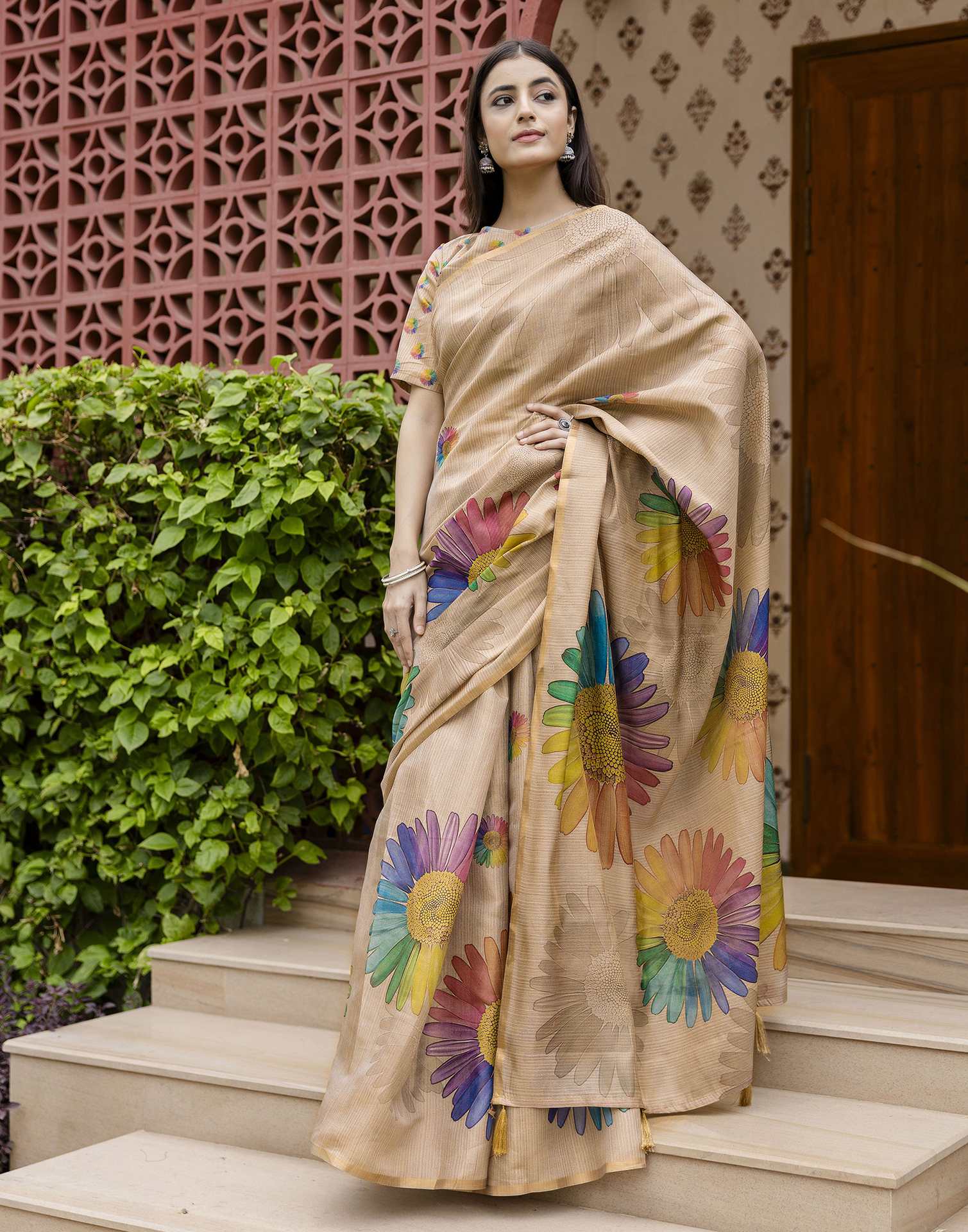 Beige Cotton Floral Printed Saree