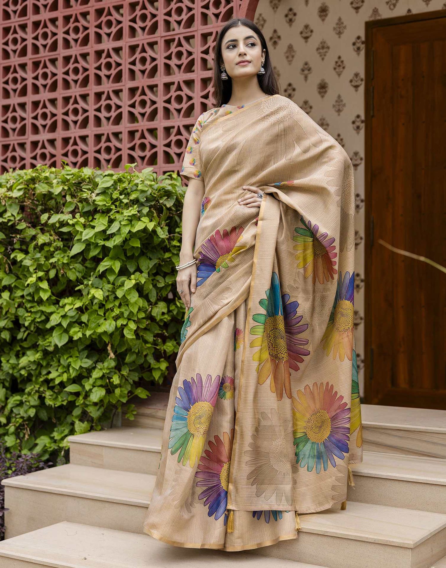 Beige Cotton Floral Printed  Saree