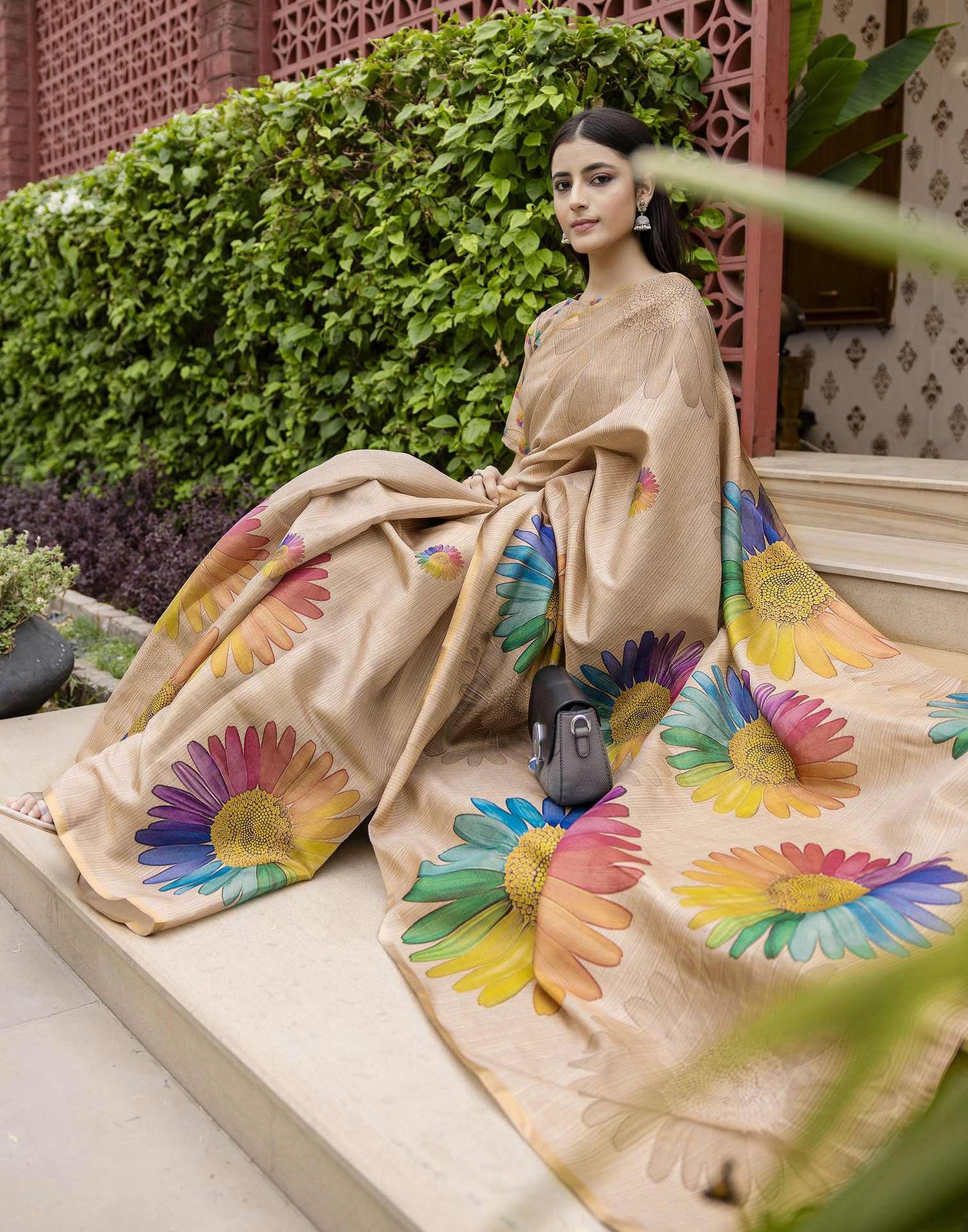 Beige Cotton Floral Printed  Saree