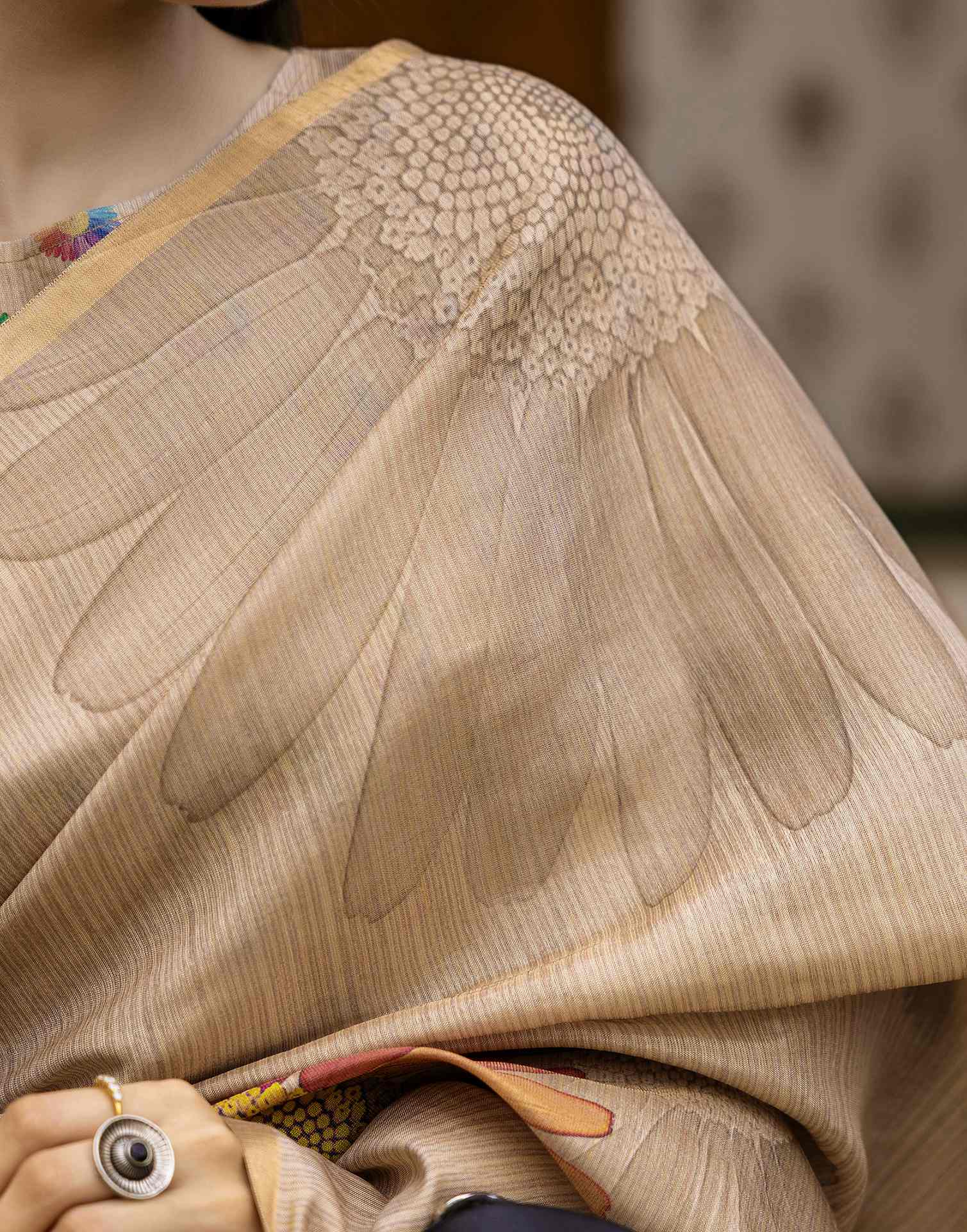 Beige Cotton Floral Printed Saree