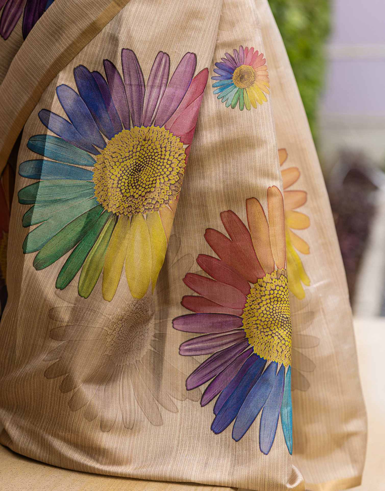 Beige Cotton Floral Printed Saree