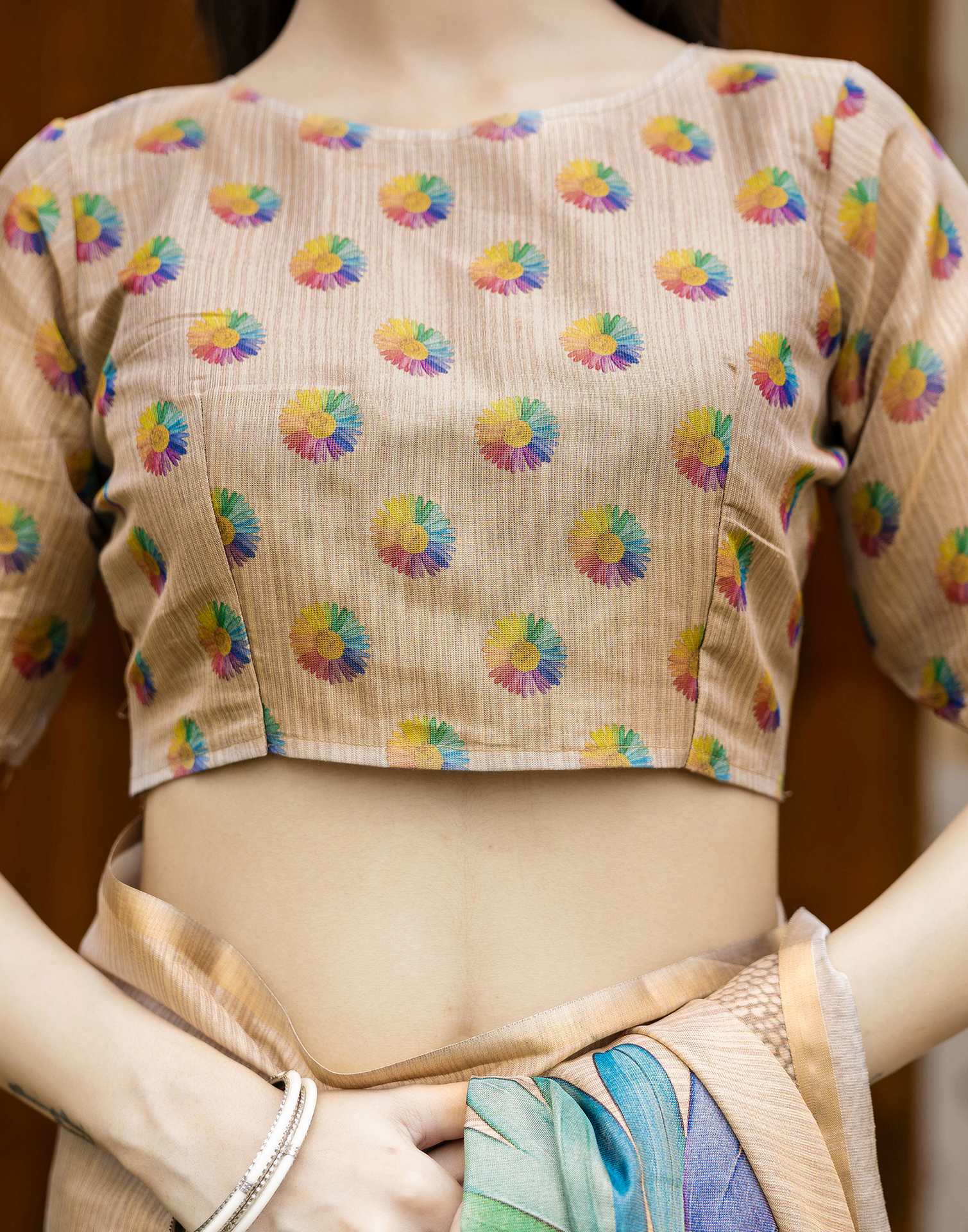 Beige Cotton Floral Printed Saree