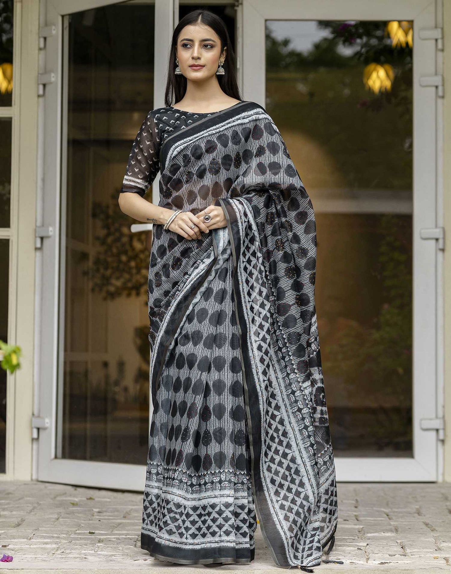 Black Chanderi Printed Saree