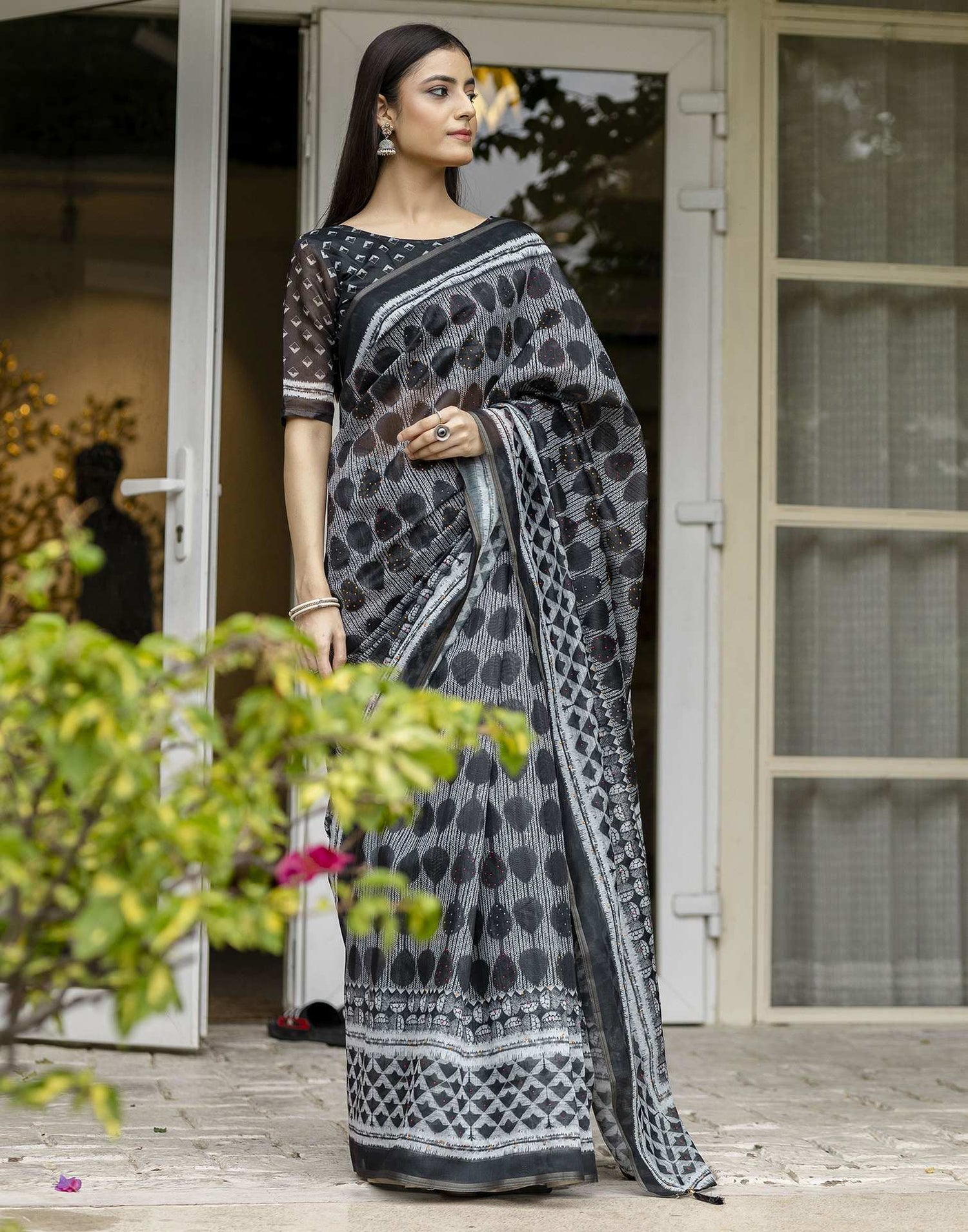 Black Chanderi Printed Saree