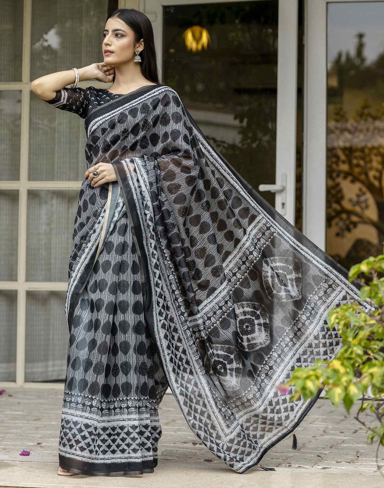 Black Chanderi Printed Saree