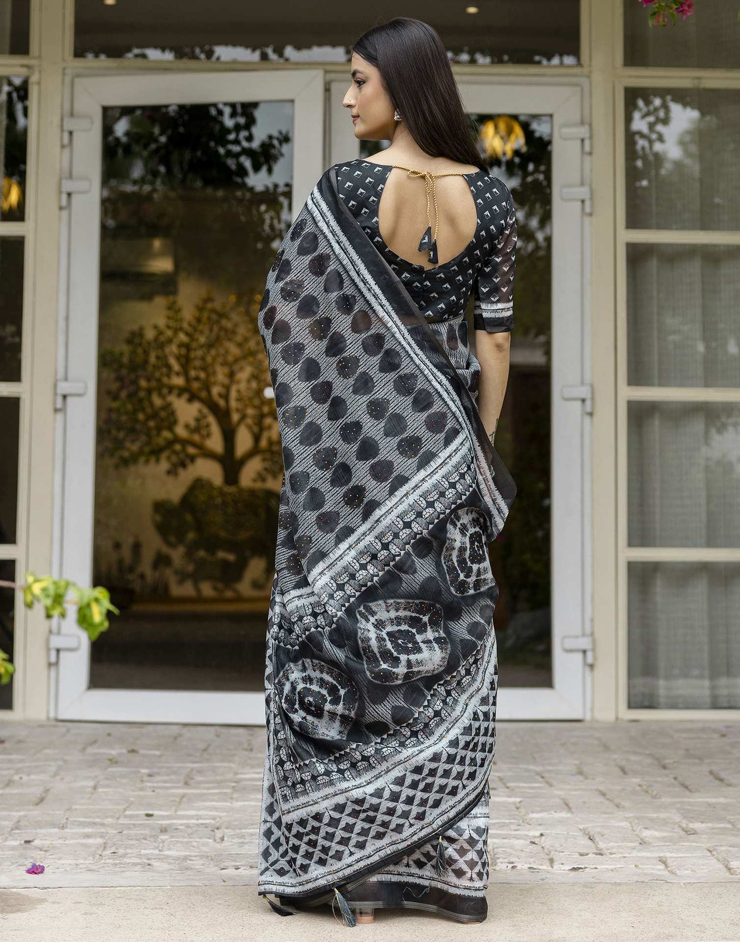Black Chanderi Printed Saree