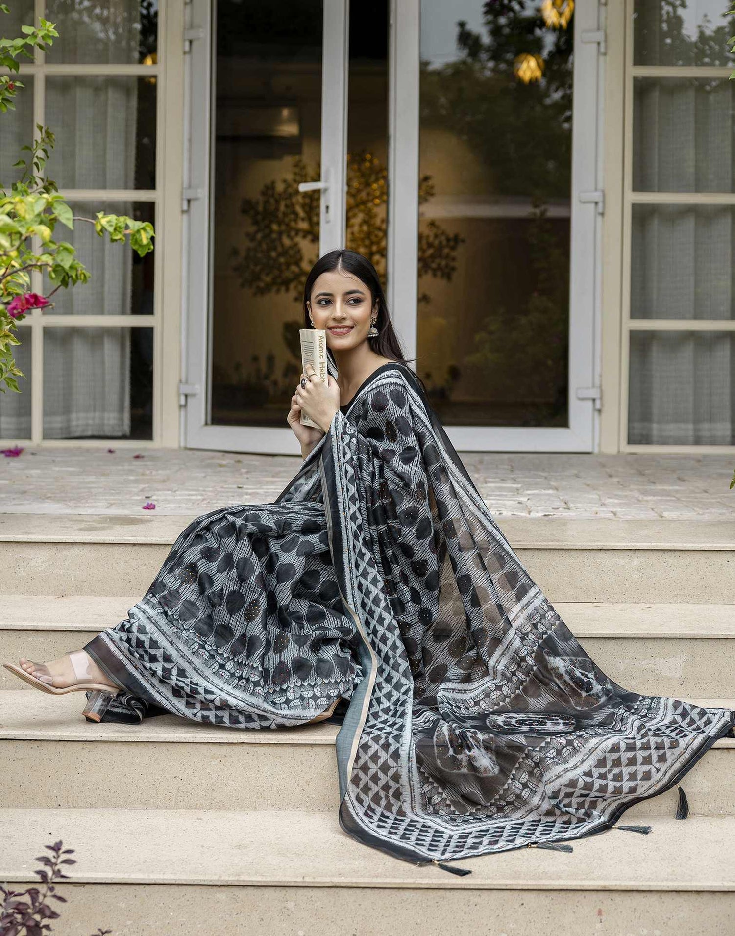 Black Chanderi Printed Saree