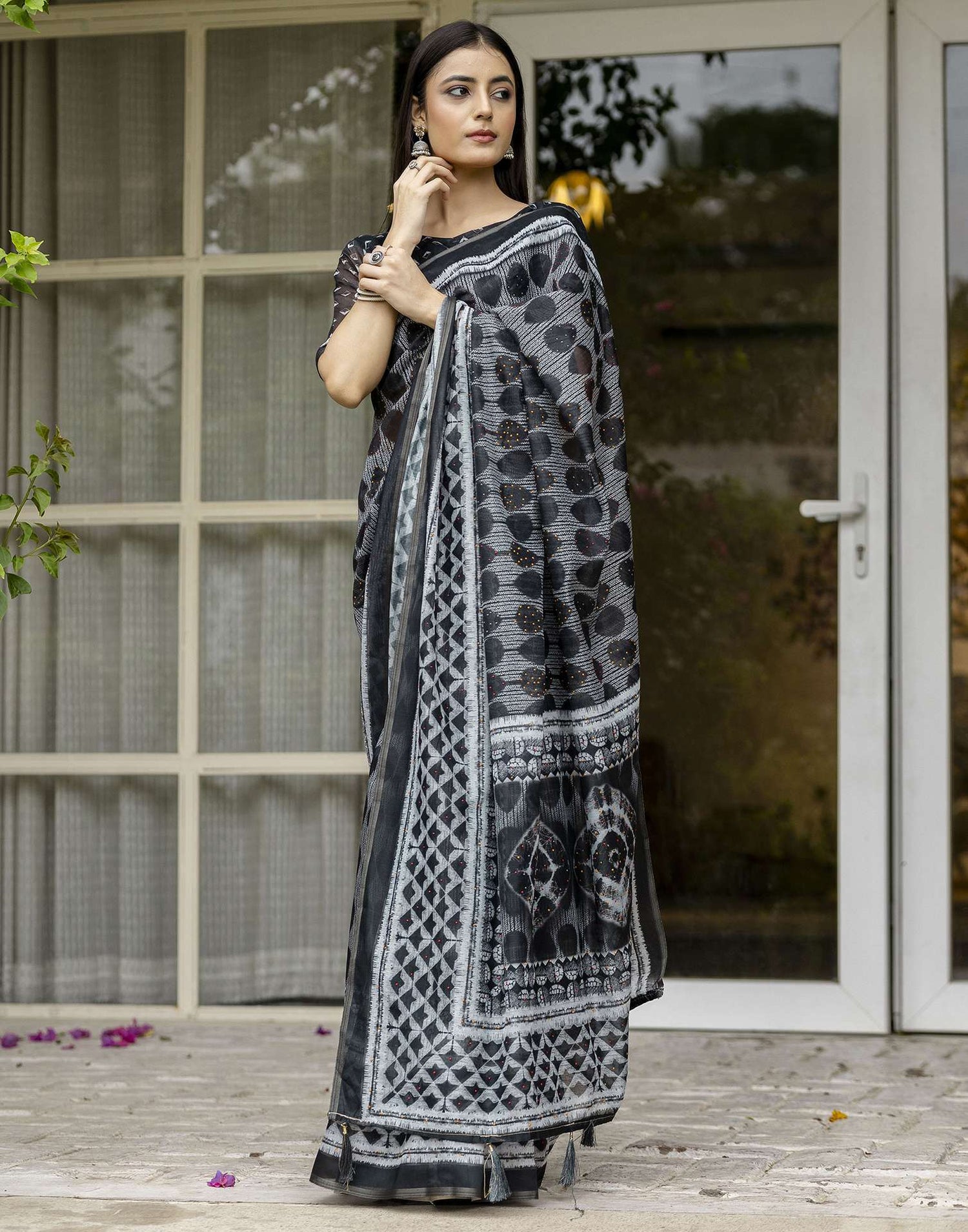 Black Chanderi Printed Saree